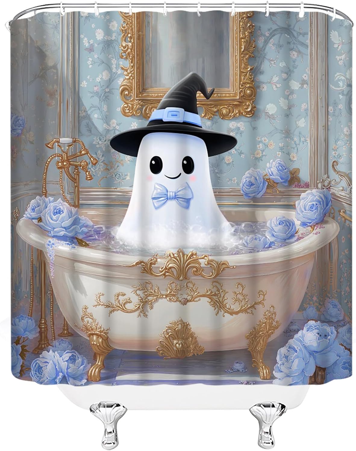 Halloween Shower Curtain Funny Ghost Spooky Take a Bath Creepy Floral Gothic Bathroom Decor Curtain with Hooks,Blue