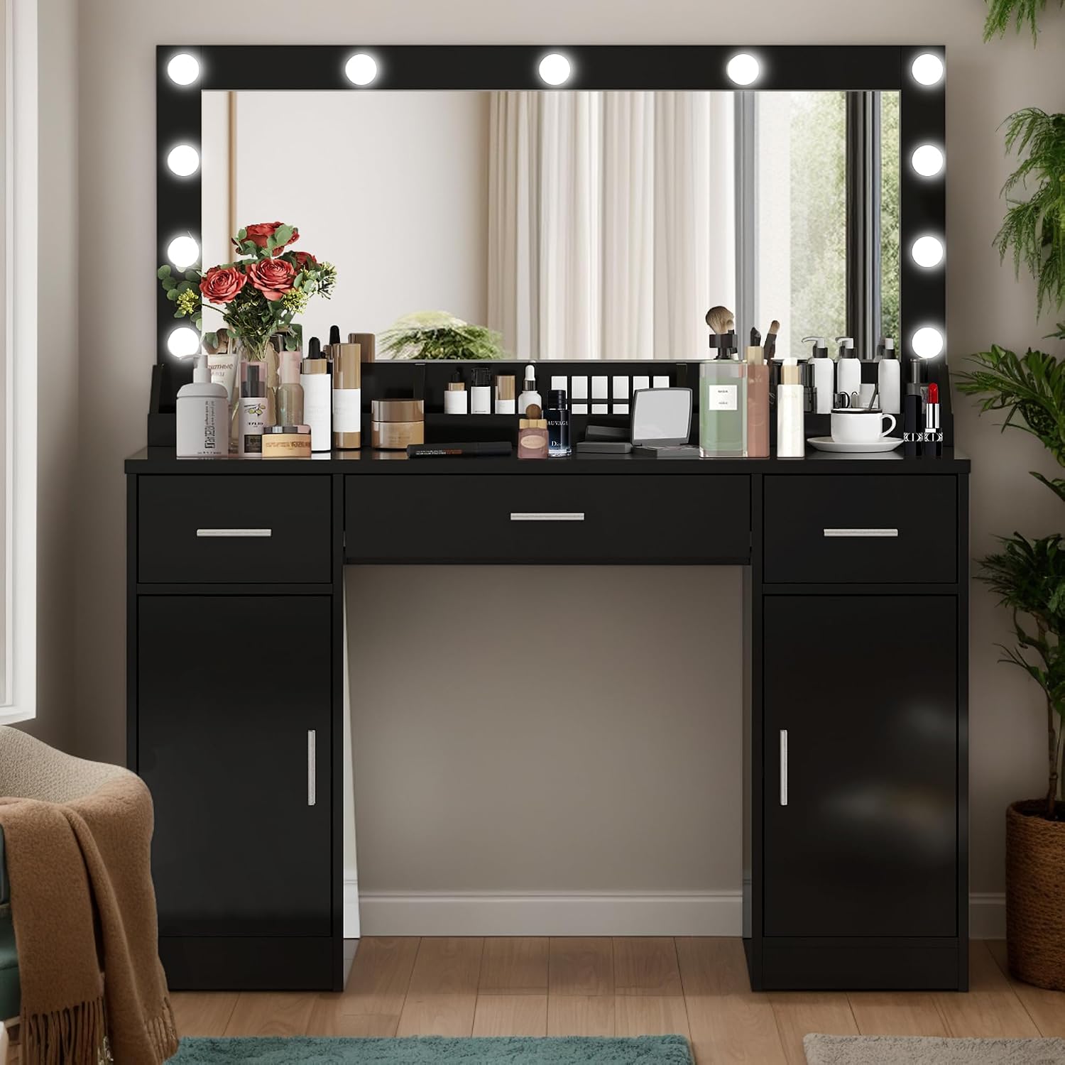 Vanity Table with Mirror, 2 Drawers and 3-Tier Storage Makeup Vanity Desk, 12 LED Lights and 3 Color Lighting Modes, Perfect for Bedroom and Dressing Room Vanity Area (G - Black)