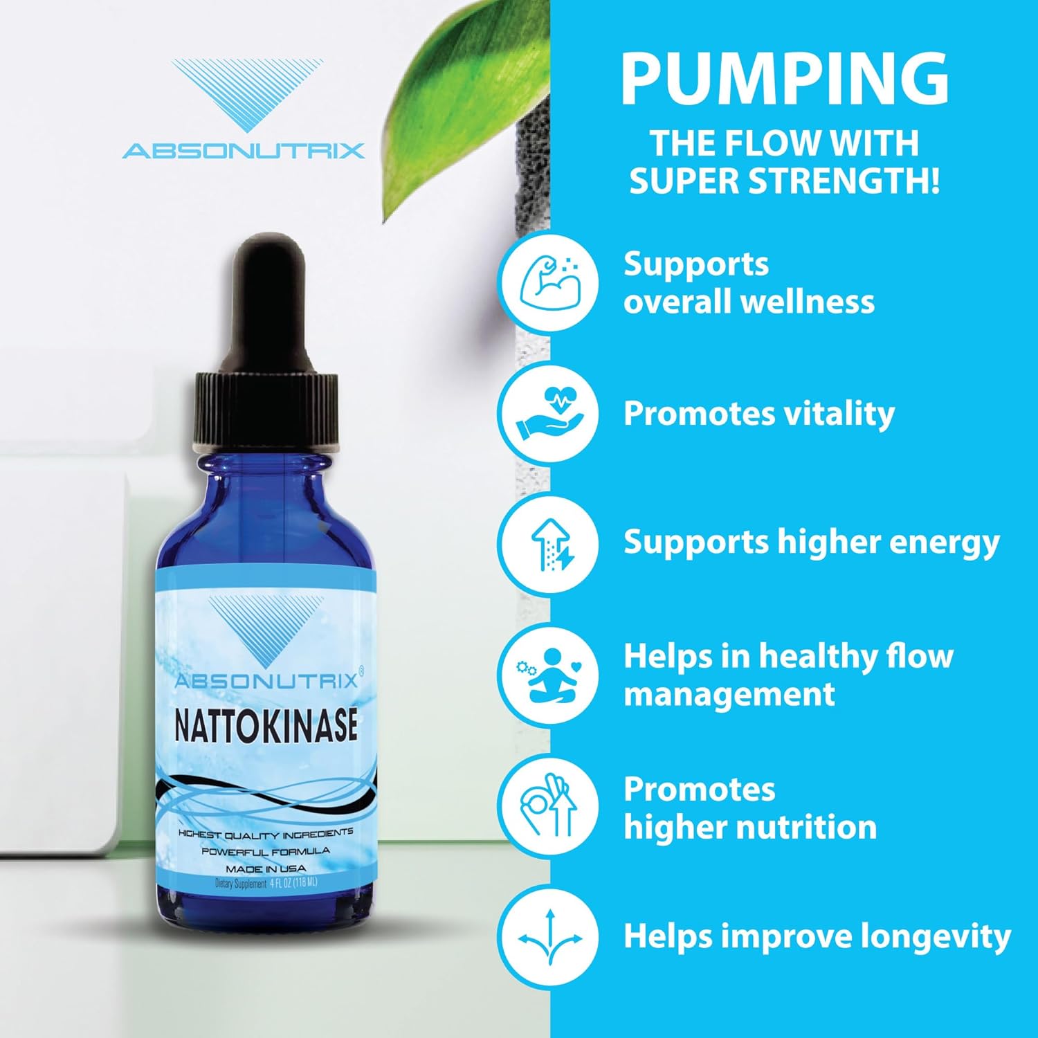 Absonutrix Nattokinase Supplement 490 mg, 4 Oz Liquid, 240 Servings-5000 Fu, Made in USA, Quick Absorption, Quality Potent Ingredients, Non-GMO, GMP Certified Facility, Cruelty-Free Products