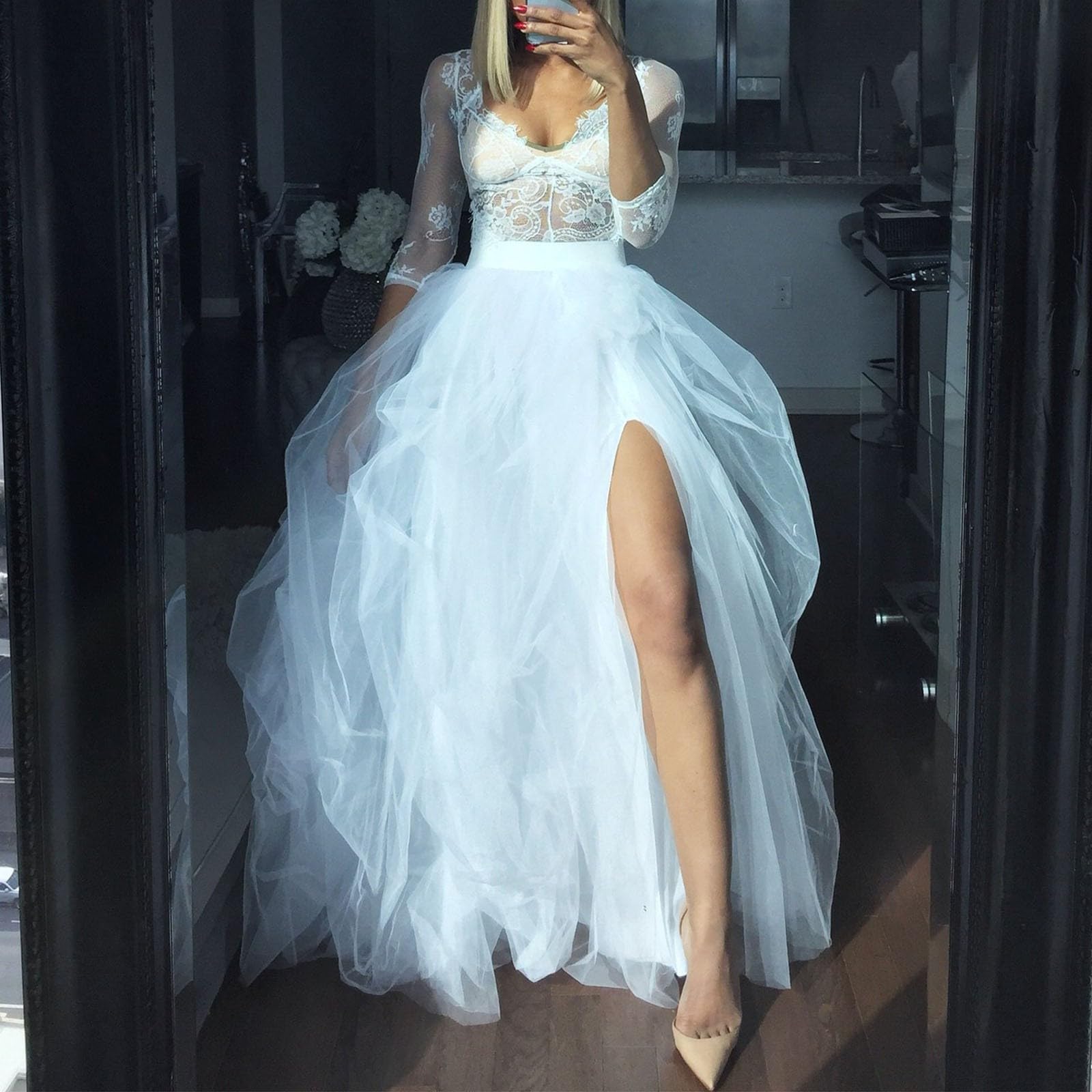 Cocila Jupes Longue Femmes pour Four Seasons Polyvalent Casual Sexy Split Taille Haute en éLastique Demi Corps Tutu Femmes Tutu Tulle Rose Blanc Deguisement Verte Bleu Jupon sous Robe Blanche
