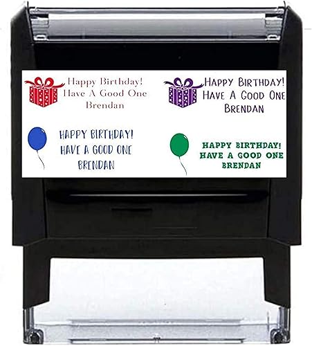 Sello de tarjeta de feliz cumpleaños con texto en inglés "Pick Your Font + Imagen", sello de oficina de 2 líneas y 3 líneas autoentintado, tarjeta