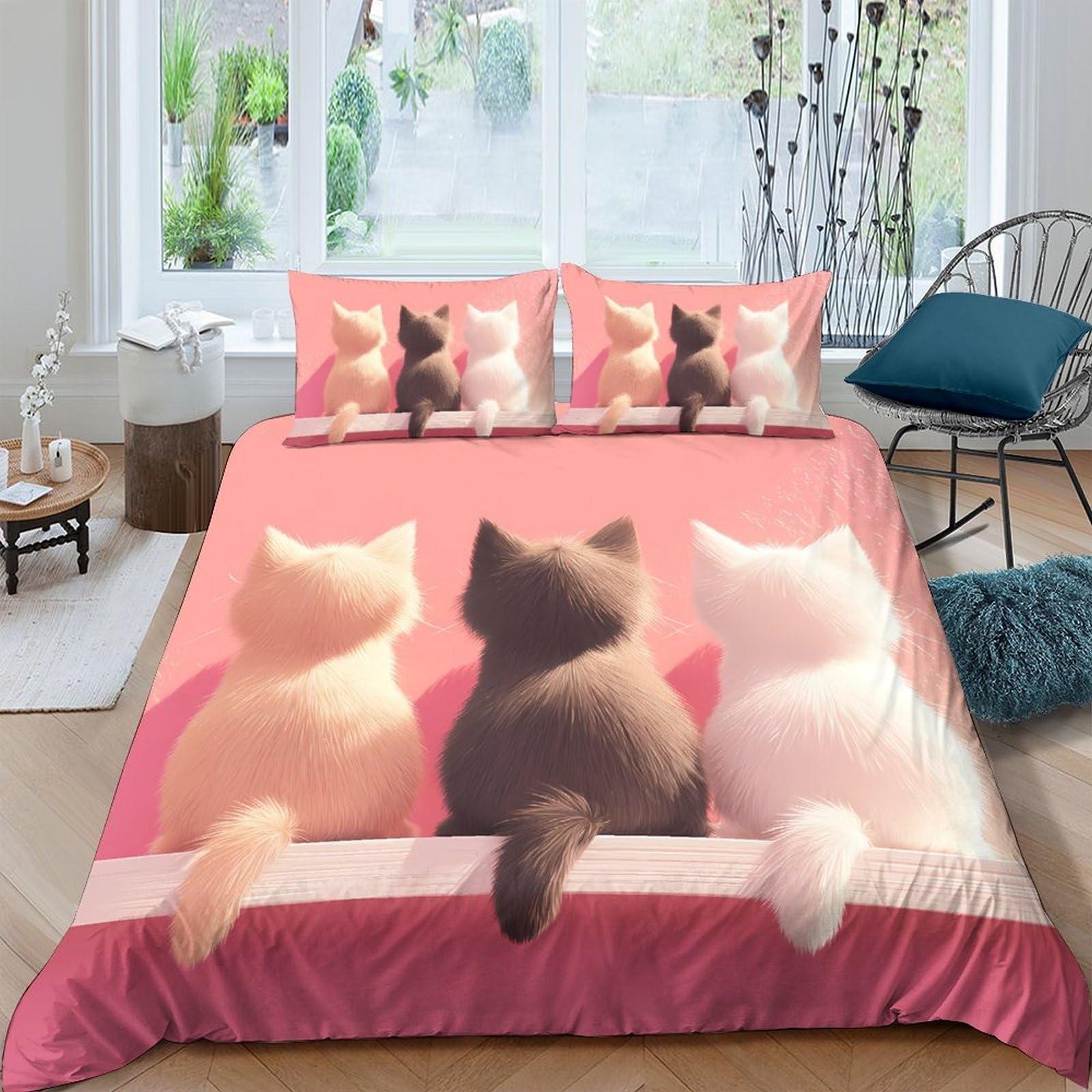 GPLZQXKJNH 3D Printed Cute Cat Friends Duvet Cover Microfiber Soft Pink Bedroom Decor Kitten Bedding Set with 2 Pillowcases Single（135x200cm）