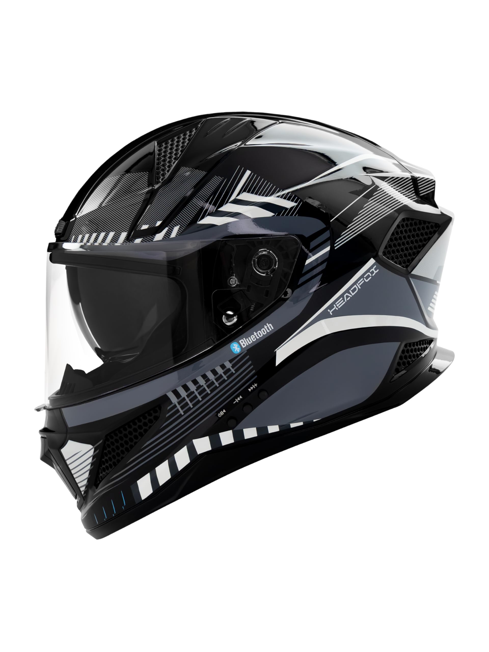 HEADFOX Track Full Face Bluetooth Helmet for Bike | Waterproof Helmet for Men & Women | Built-in Bluetooth for Calls, ENC, Music, GPS & Voice Assist | ISI Certified | Glossy Grey Medium (58 CM)
