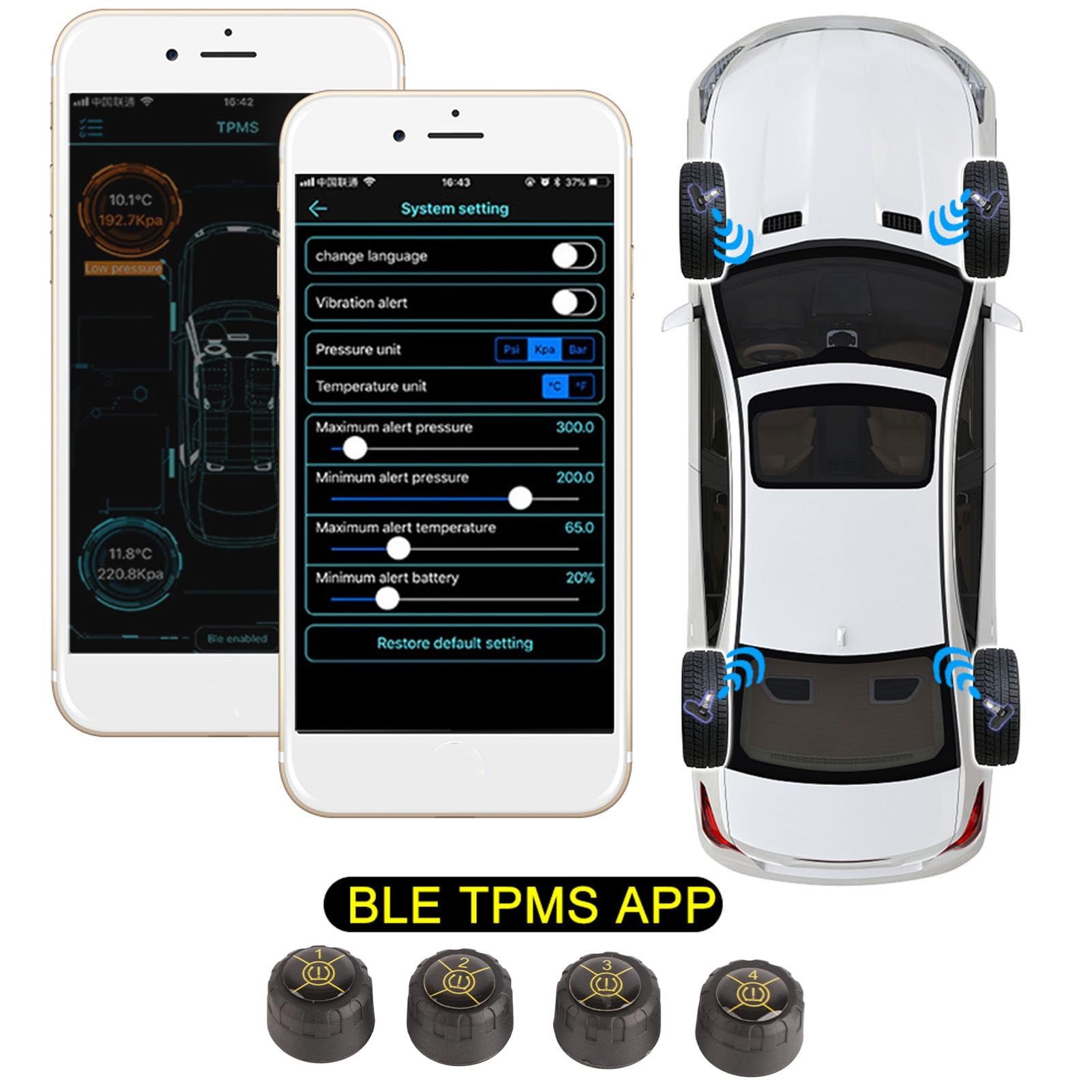 Kit Monitoraggio Pressione Pneumatici Bluetooth 5.0 Sensore Pressione Pneumatici Monitoraggio in Tempo Reale IP67 Impermeabile con Sensori Esterni Viti di Fissaggio Chiave di