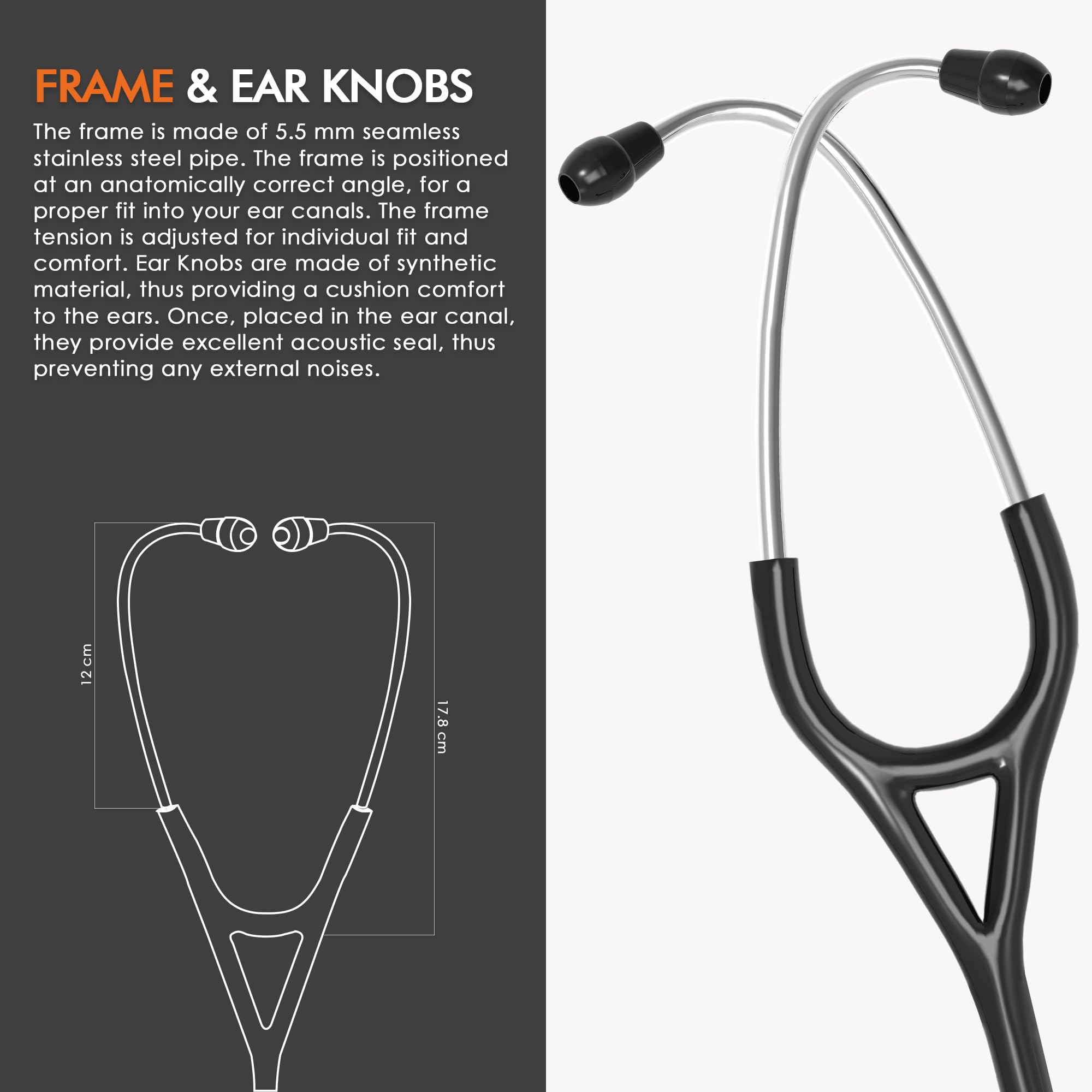 ELKO EL-250 DEXA III Ti Titanium dual head acoustic stethoscope | Adult & Pediatric Stethoscope with Double-sided Natural Titanium Chestpiece | Two-Way PVC Tubing | Doctors & Medical Students (BLACK) - Image 5 thumbnail