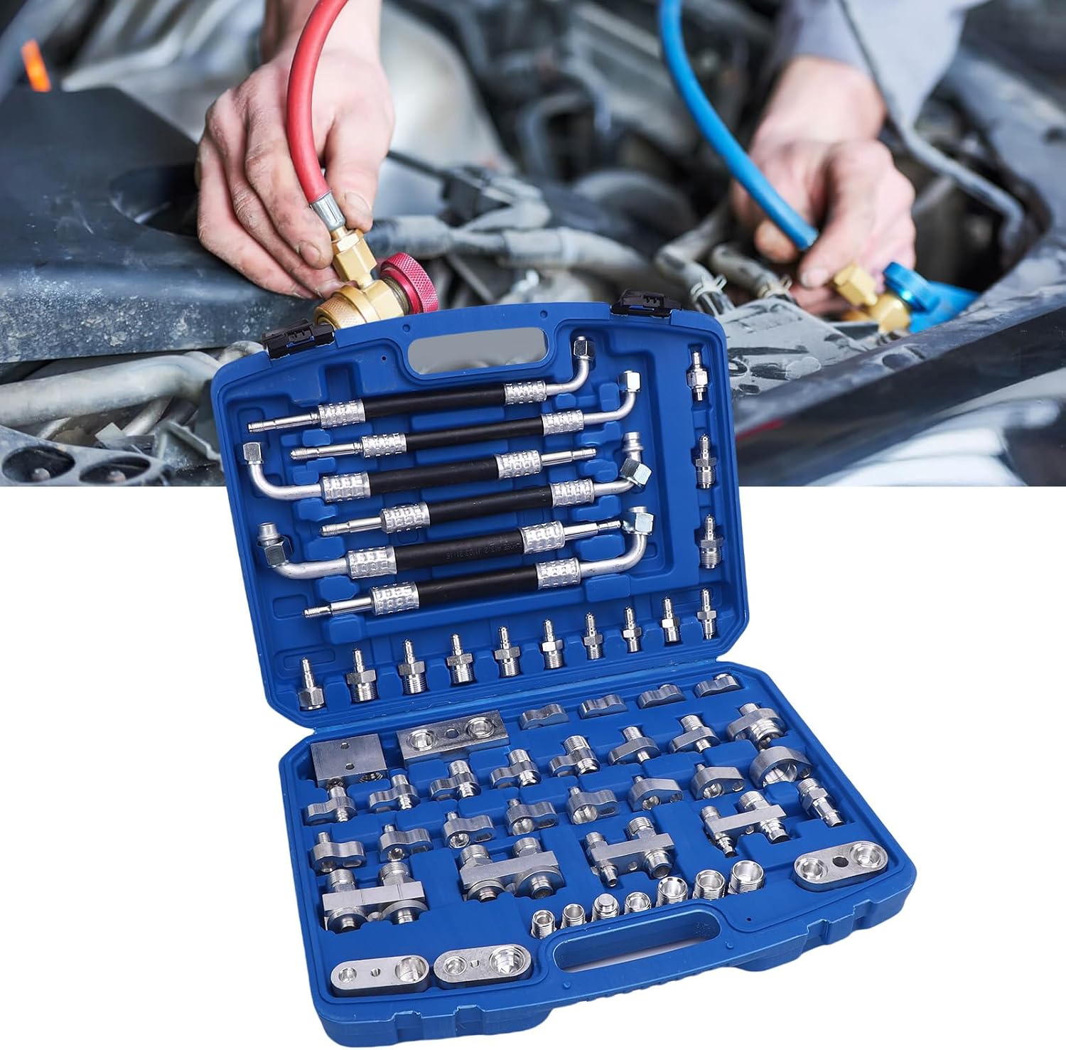 CHICIRIS 56pcs Automotive Air Conditioning Leak Test Kit Brass Air Conditioner Leak Detection Tool Repair Kit for Car Truck Auto AC