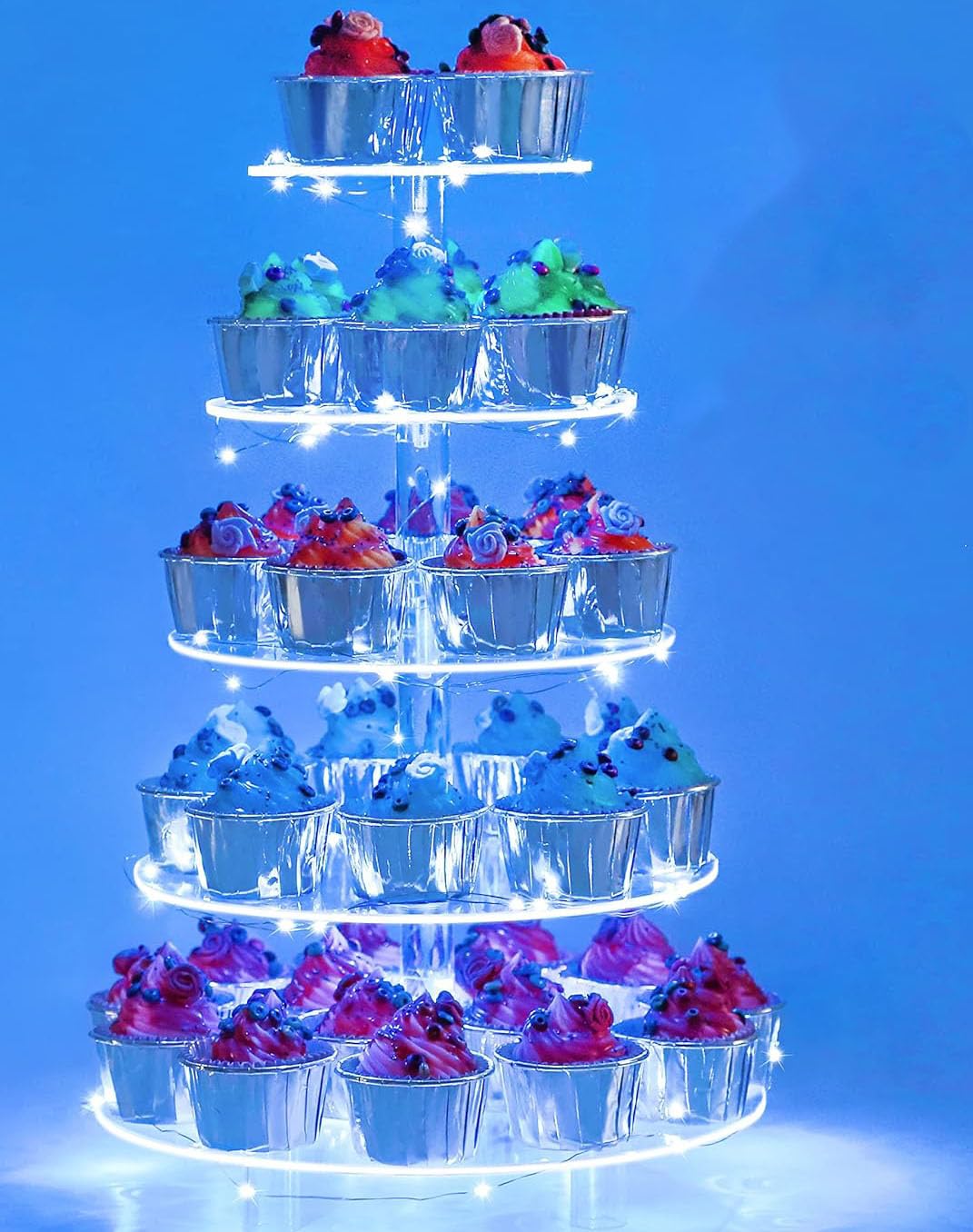 5 Livelli Cupcake Stand, Alzata Torre Rotonda in Acrilico con Luci Blu a LED Stringa, Porta Torte Albero Dessert per Compleanno, Matrimonio, Anniversario & Decorazione per Feste