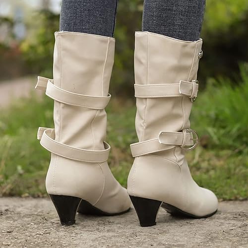 Miniatura 8 de SuanlaTDS Tall Wide Calf Boots for Women Heel Mid Round Boots Heel Cowboy Toe Vintage Velvet Shoes Buckle Women's Plus Women's Boots (Beige, 8)