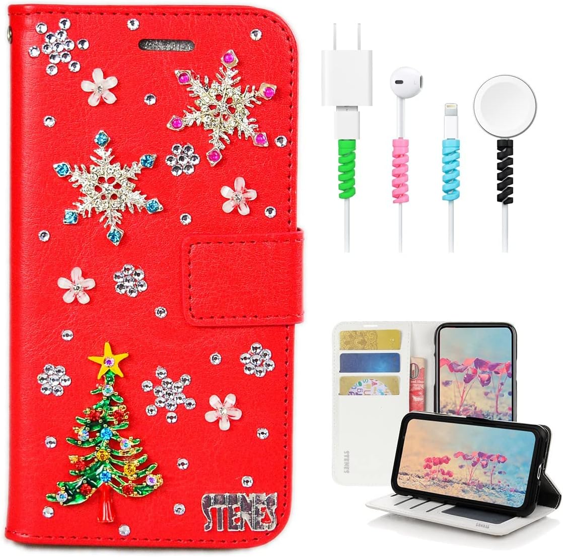 Bling Wallet Phone Case Compatible with iPhone Air / 17 Air - Stylish - 3D Handmade Christmas Tree Snow Flowers Leather Girls Women Cover with Cable Protector [4 Pack] - Red