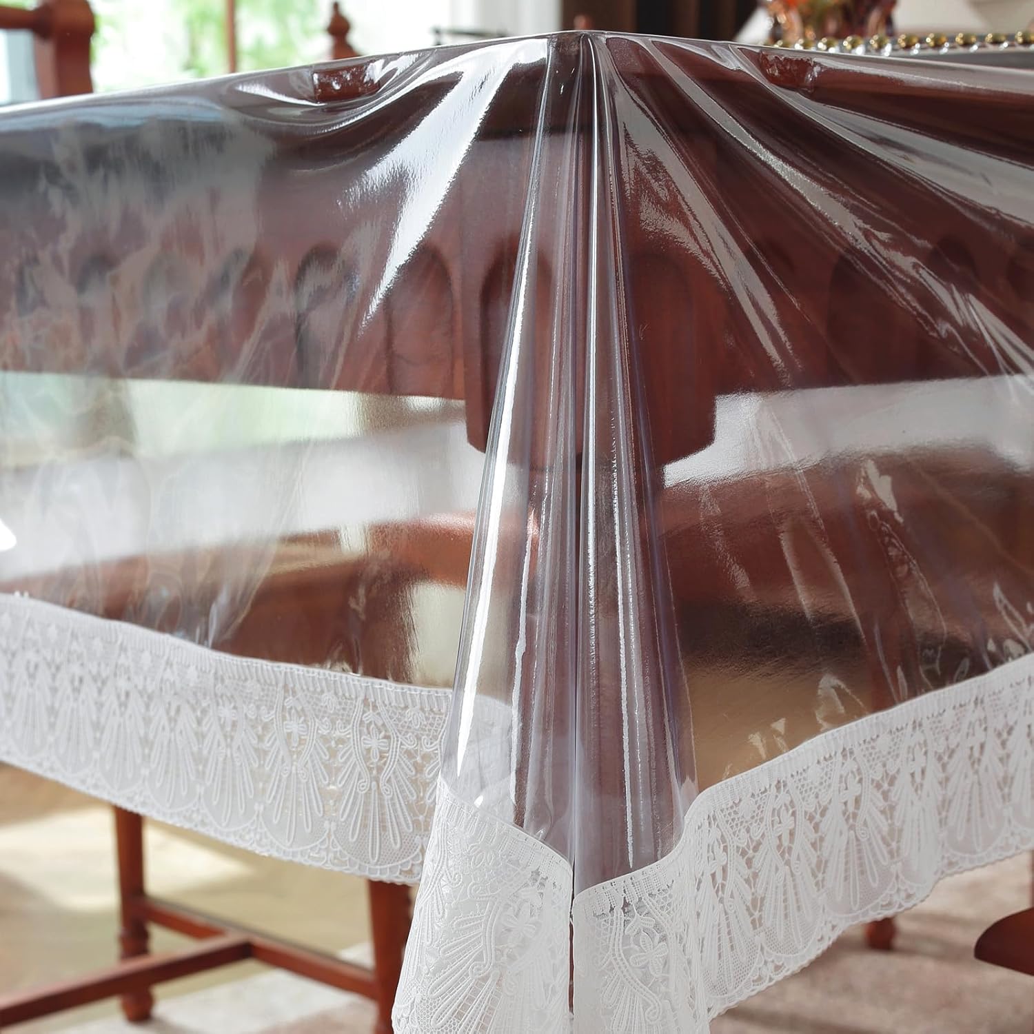 Clear Table Cover Protector Rectangle Waterproof Vinyl PVC Tablecloth with Lace Trim, Wipeable Plastic Table Cloth for Party Dining Tables, Kitchen Home (Fengweibian, 60 x 102 Inch)