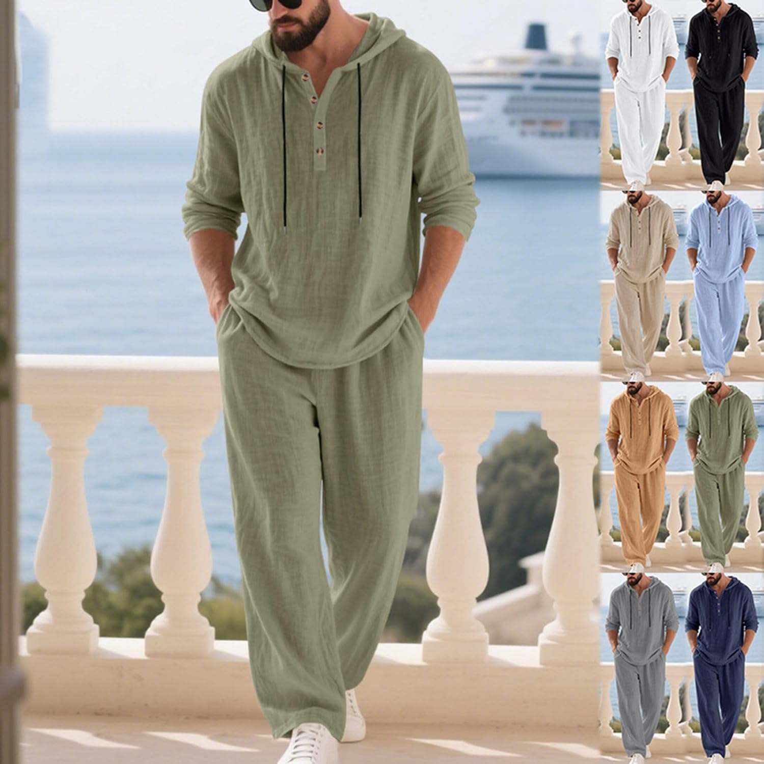 Mens Beach Linen Sets 2 Piece Outfits Button Long Sleeve Hooded Hippie Top & Wide Leg Pants Sets for Travel Daily
