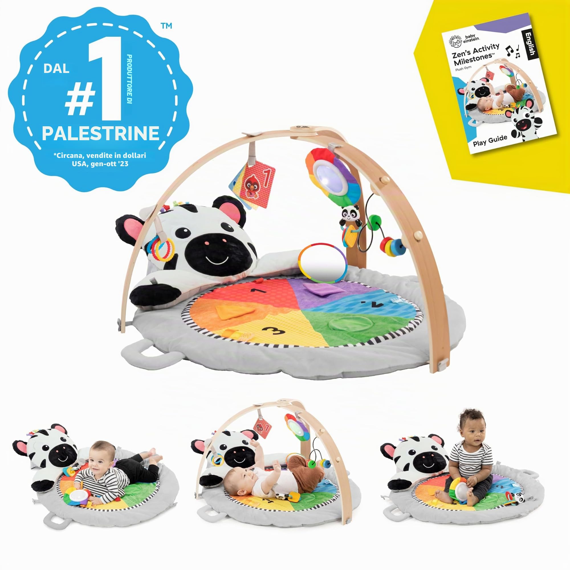 Baby Einstein Palestrina in peluche Zen’s Activity Milestones, con barra in legno, per neonati e bimbi, 0-12 mesi, lavabile in lavatrice