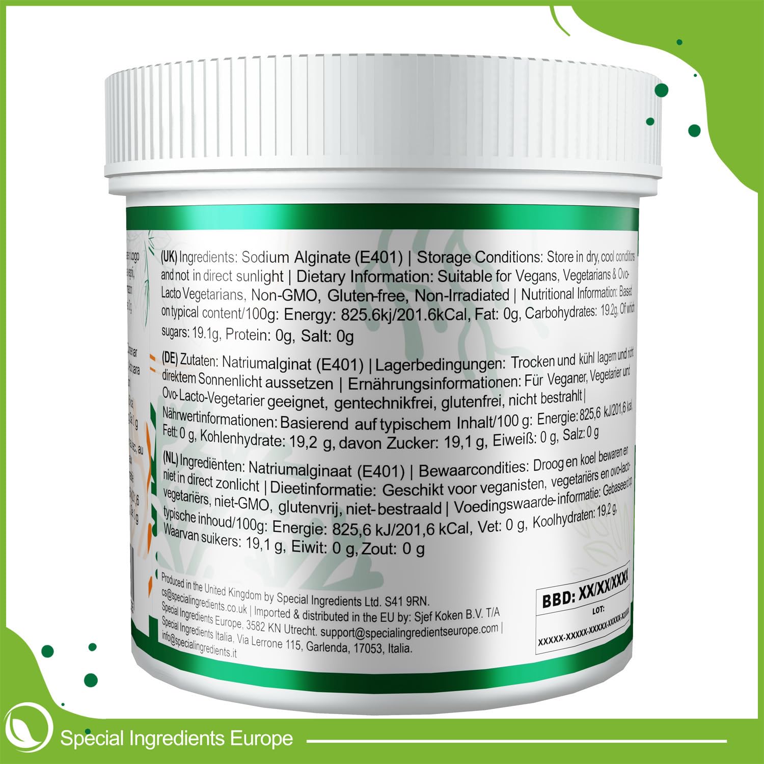 Alginate de gastronomie naturelle 250 g Qualité supérieure – Complément polyvalent pour la gastronomie (Étiquettes et instructions en allemand)