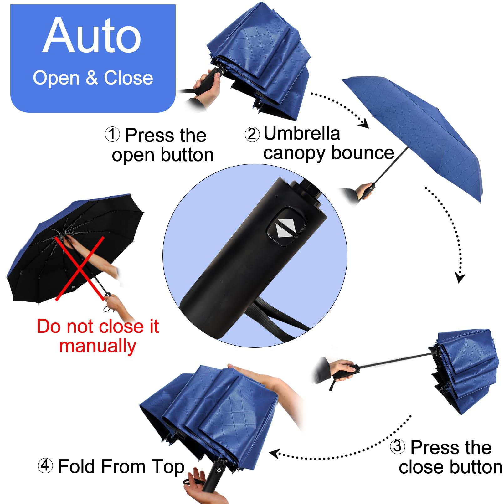 Satol Ombrello da golf grande antivento da 157 cm, 10 costole, grande ombrello pieghevole con apertura e chiusura automatica, per viaggi, protezione UV, sole e pioggia, ombrello portatile compatto per