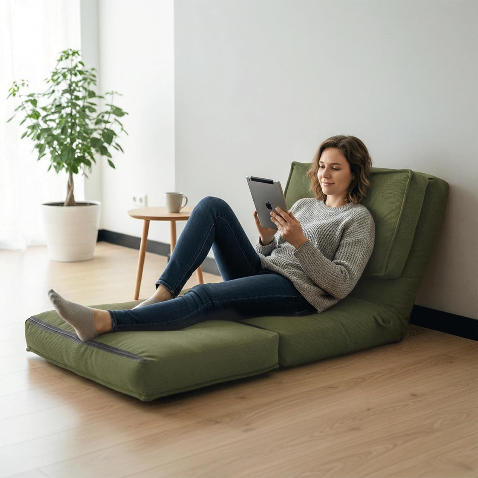 Fabulcozy,Sofá cama Convertible 4 en 1, respaldo de 5 posiciones, pana 8 revestimientos, marco de hierro resistente, asa y correas, versátil para salón u oficina, verde Chiaro