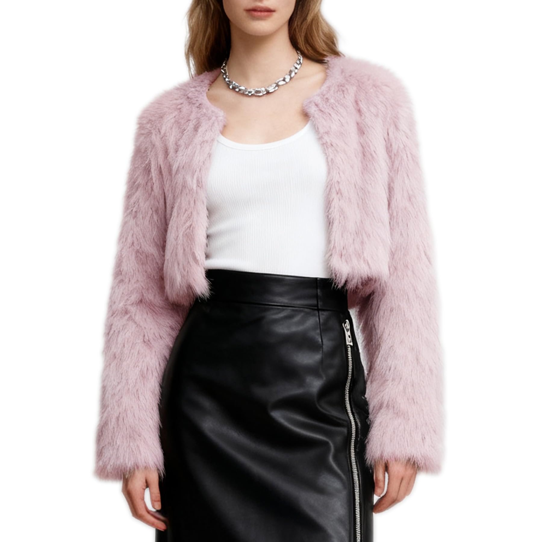 Amazhiyu Women's Faux Fur Cropped Coat Long Sleeve Open Front Winter Jacket