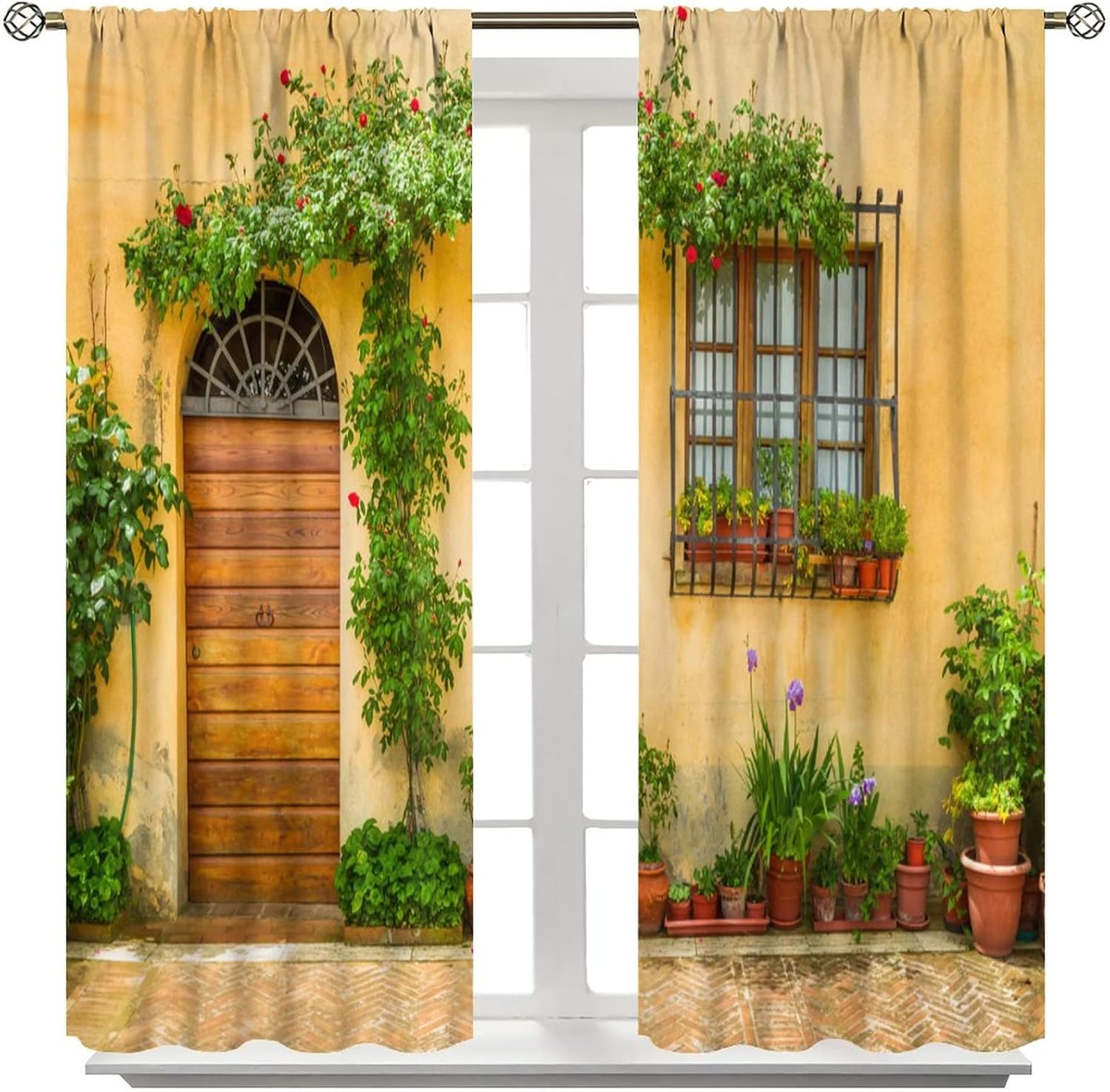 Country Town Printed Curtains, European Town House Plant Printed Curtains for Bedroom Living Room Cafe 42x45 Inch