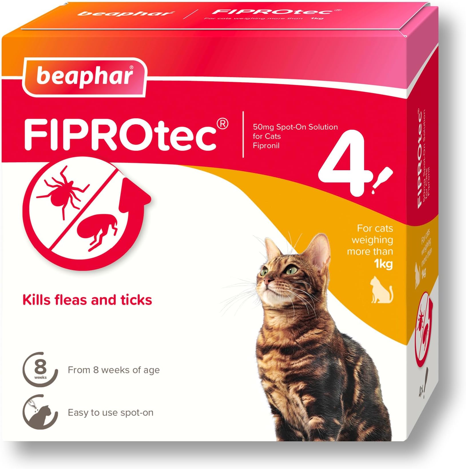 Beaphar - FIPROtec Spot-On Flea & Tick Treatment for Cats - 4 Pipettes - Kills Fleas & Ticks - Veterinary Medicine - Easy to Apply Monthly - For Cats & Kittens from 8 Weeks Old, Weighing Over 1kg