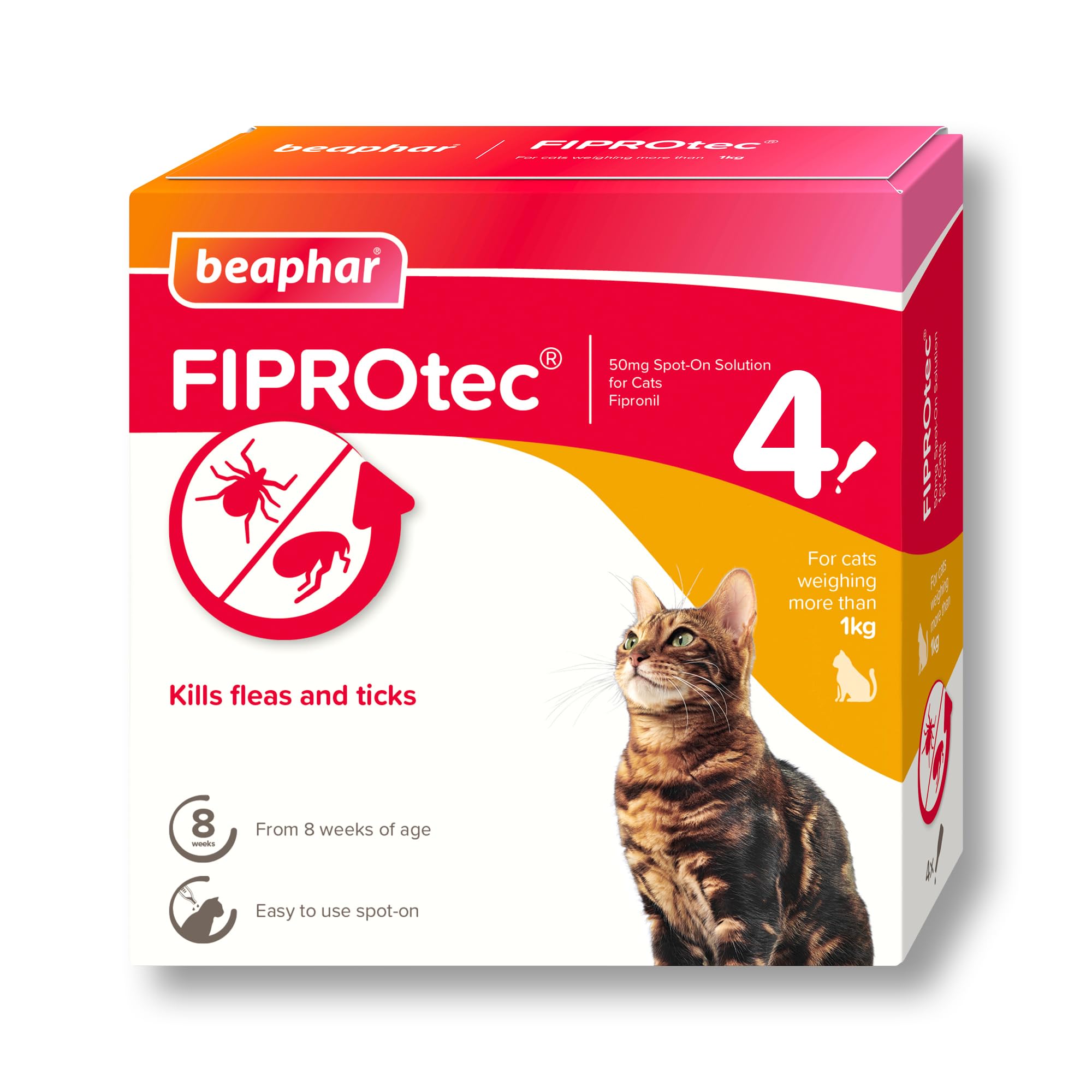 Beaphar - FIPROtec Spot-On Flea & Tick Treatment for Cats - 4 Pipettes - Kills Fleas & Ticks - Veterinary Medicine - Easy to Apply Monthly - For Cats & Kittens from 8 Weeks Old, Weighing Over 1kg