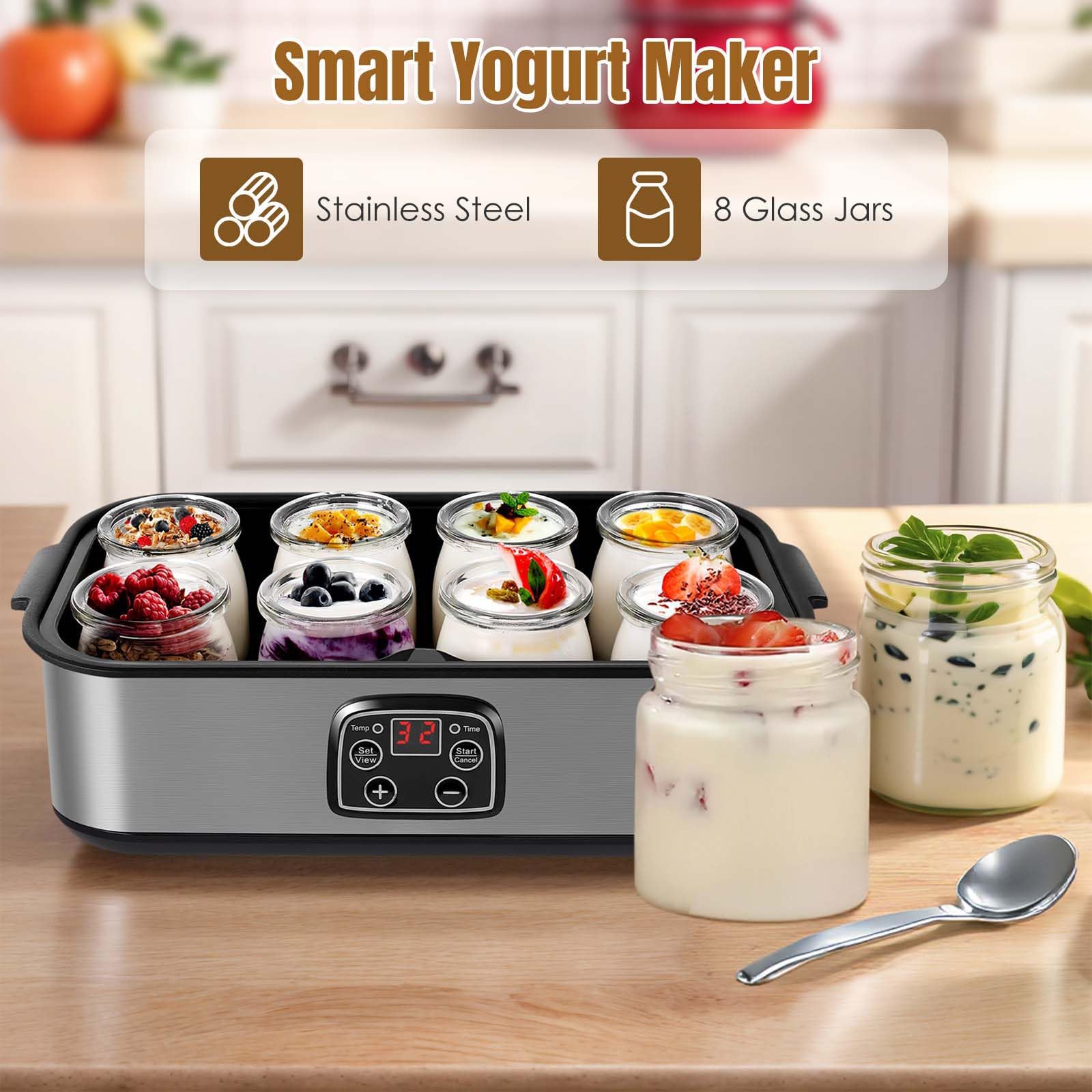 Yogurtiera Elettrica con Vasetti in Vetro | Temperatura e timer regolabili; contenitori in vetro per preparare yogurt biologico, natto e dessert sani fatti in casa