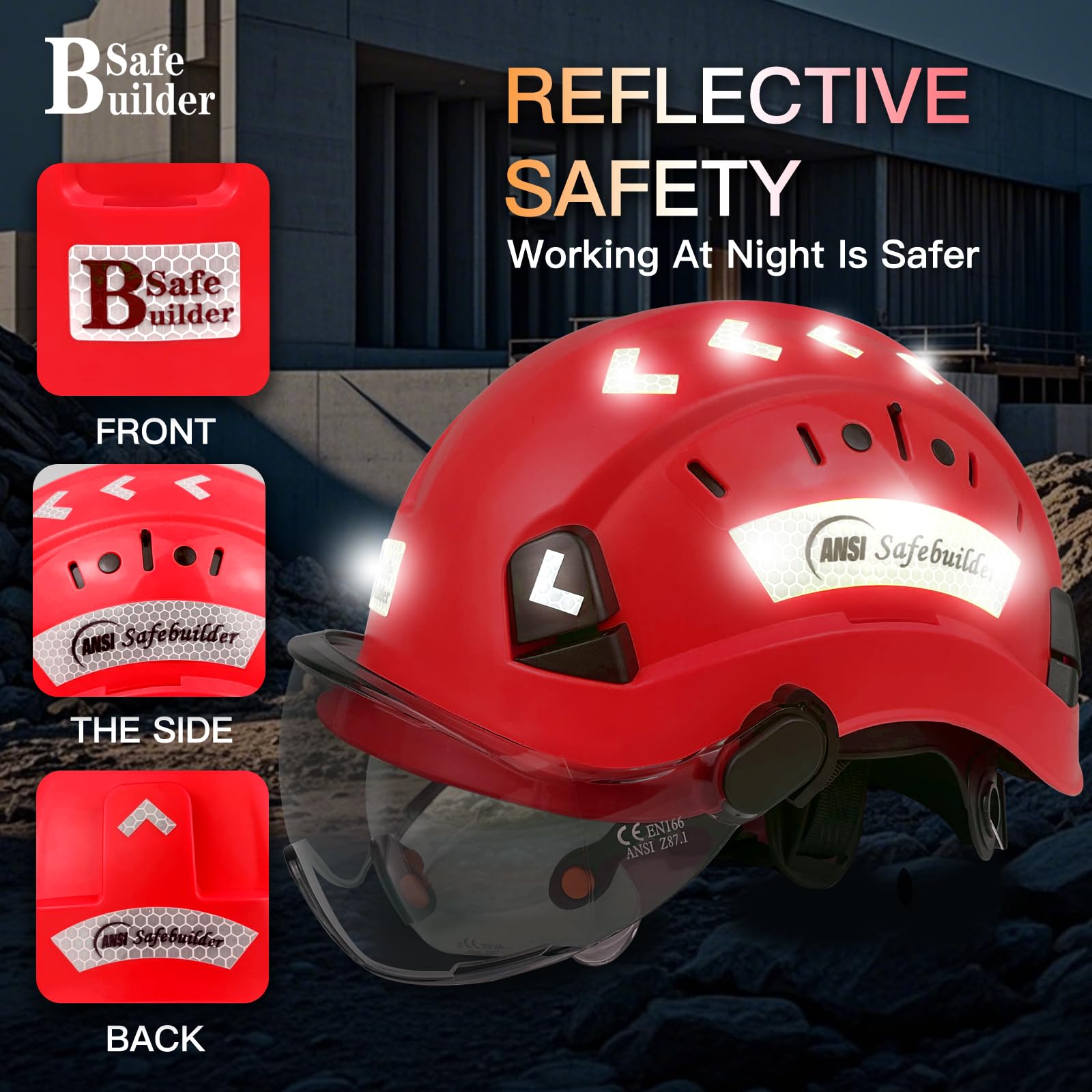 SAFEBUILDER Bau-Sicherheitshelm mit integriertem Visier, ABS-Schutzhelm mit Visier, verstellbare Belüftung, Hardhats Arbeitskopfschutz, ANSI/ISEA Z89.1