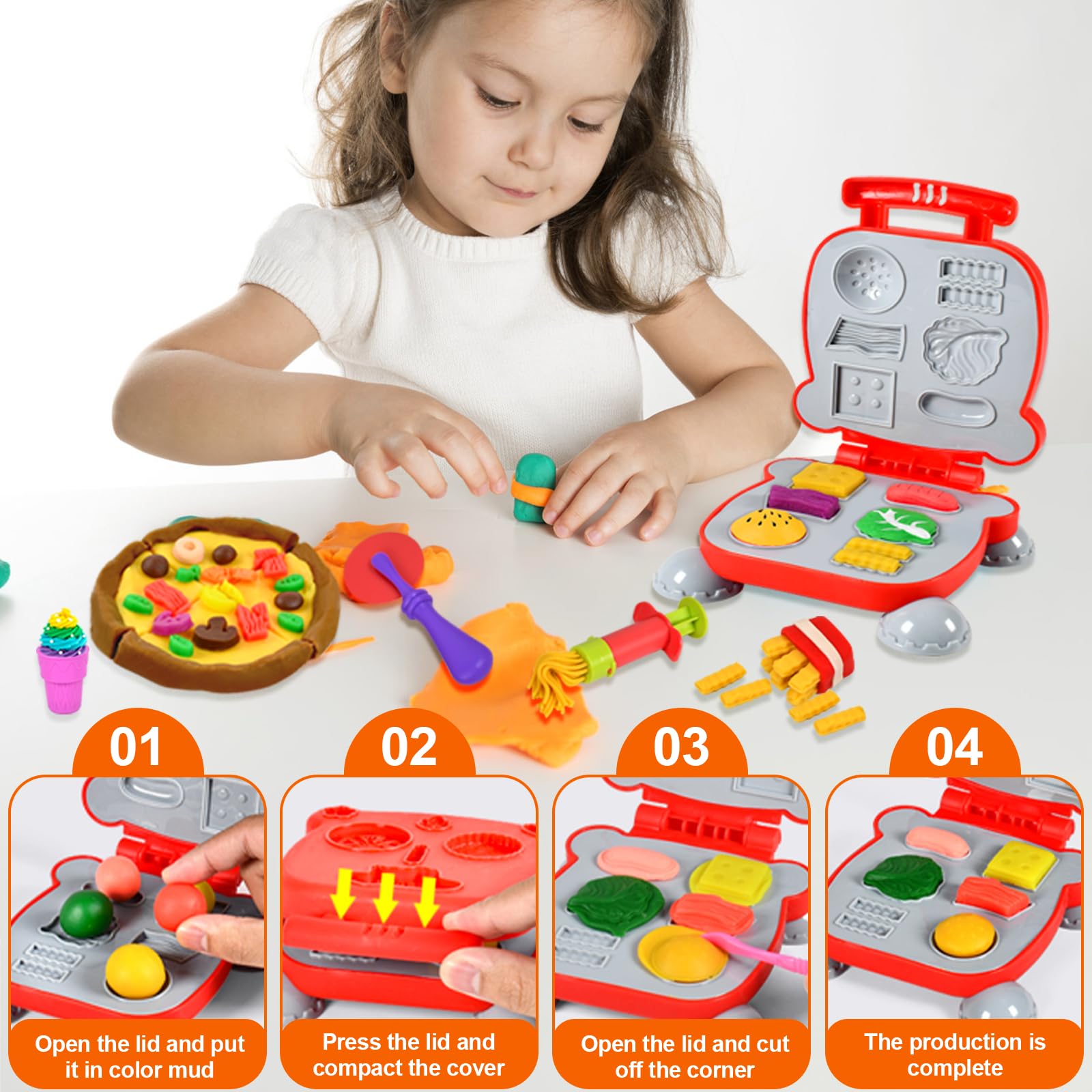UCAMP Juego de Plastilina, 65 Piezas, Moldes y Accesorios para Crear Hamburguesas y Helados, con 12 Botes de Plastilina, Regalo a Partir de 3 Años, para Niños