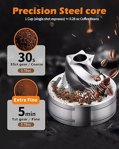 Miniatura 5 de Molinillo de café manual con rebabas de acero inoxidable, molinillo de mano de 0.78 oz de capacidad para expreso, con 55 ajustes ajustables y