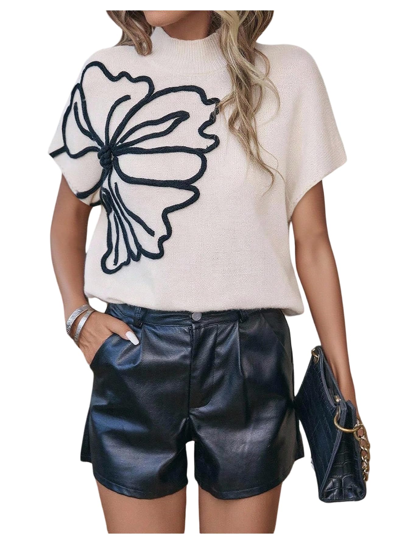 Women's Old Money Floral Lightweight Sweaters High Neck Pullover Knit Tops