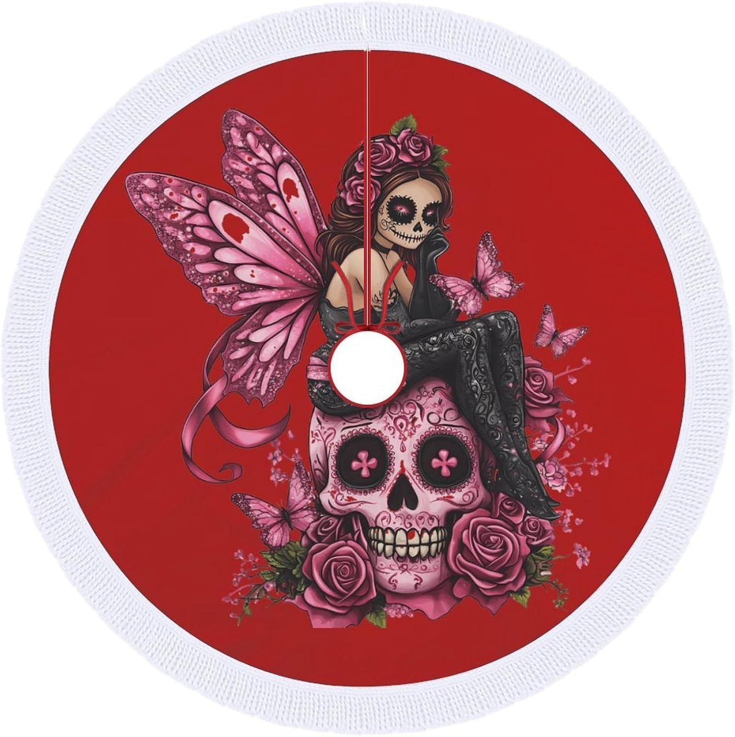 Skull Fairy Breast Cancer Awareness Ribbon Christmas Tree Skirt Round Xmas Tree Mat Ornaments Tree Skirts with Tassels for Holiday Party