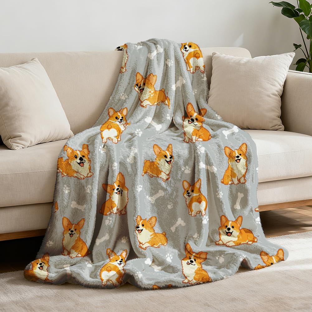 GLOBLELAND Cute Corgi Throw 59x51 inch Bones Flannel Blanket Paw Prints Washable Fuzzy Throw Blanket for Couch Chair Sofa Bed Dorm Bedroom Home Gift for Corgi Lovers — image 1