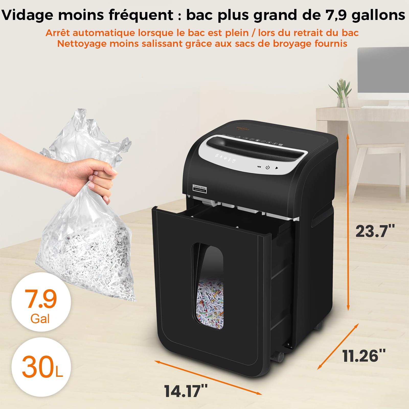 Destructeur de Documents Bureau VidaTeco Coupe Micro P4 25 Feuilles 60min Continu 30L Anti-bourrage Noir