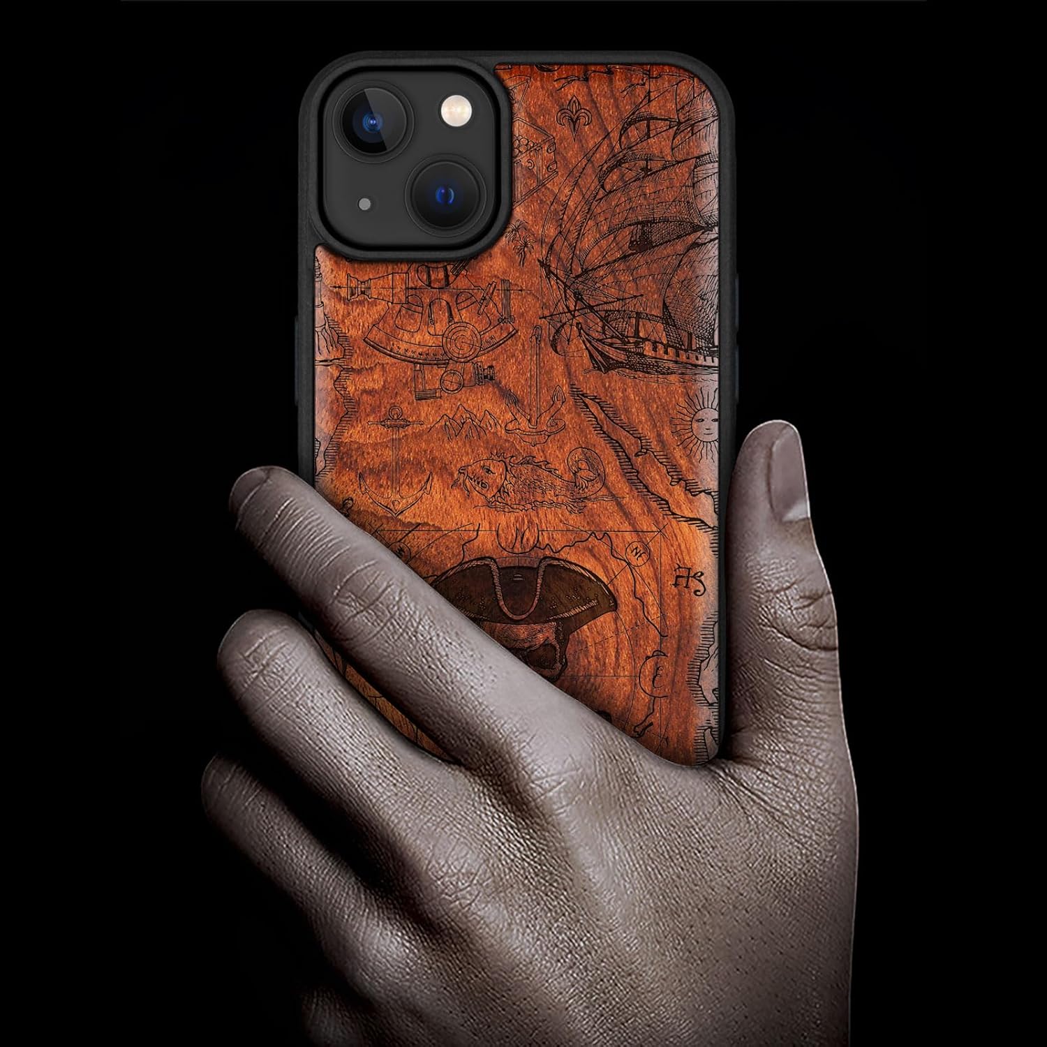 Carveit Magnetic Wooden Case for iPhone 15 Plus Case, Compatible with MagSafe Wireless Chargers, Black Soft TPU Shockproof Cover & Wood Artisan Engraved (Pirate Flag) - Rosy