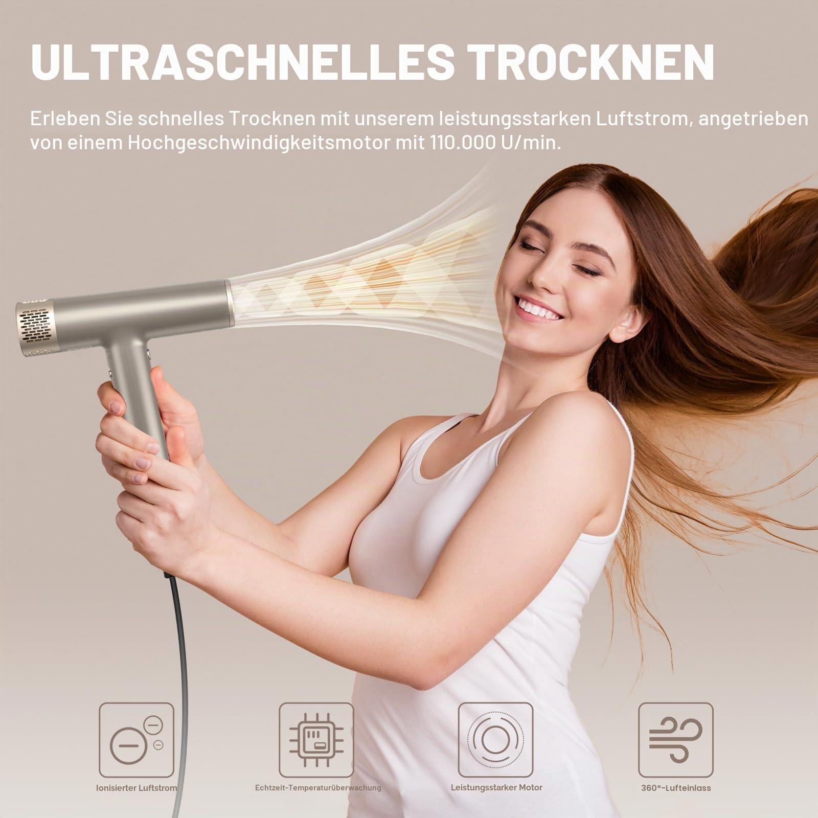 YAPOY Haartrockner Professionelles mit Diffusor Schnelltrocknendes 200 Millionen Ionen-Föhn mit 110.000 U/min Hochgeschwindigkeit Keine Hitzeschäden Intelligente Thermo-Kontrolle - Silber