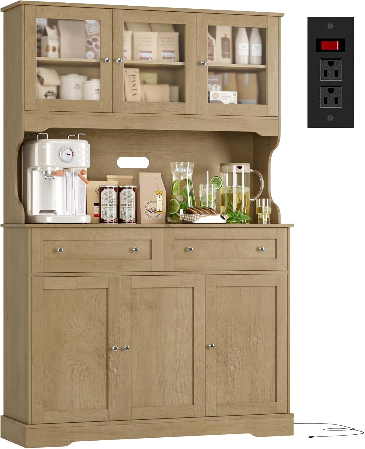 FACBOTALL 71.9" Kitchen Pantry Cabinet, Tall Storage Cabinet, Kitchen Hutch with Countertop and Outlets, Farmhouse Tall Pantry Storage with Doors and Shelves, Oak
