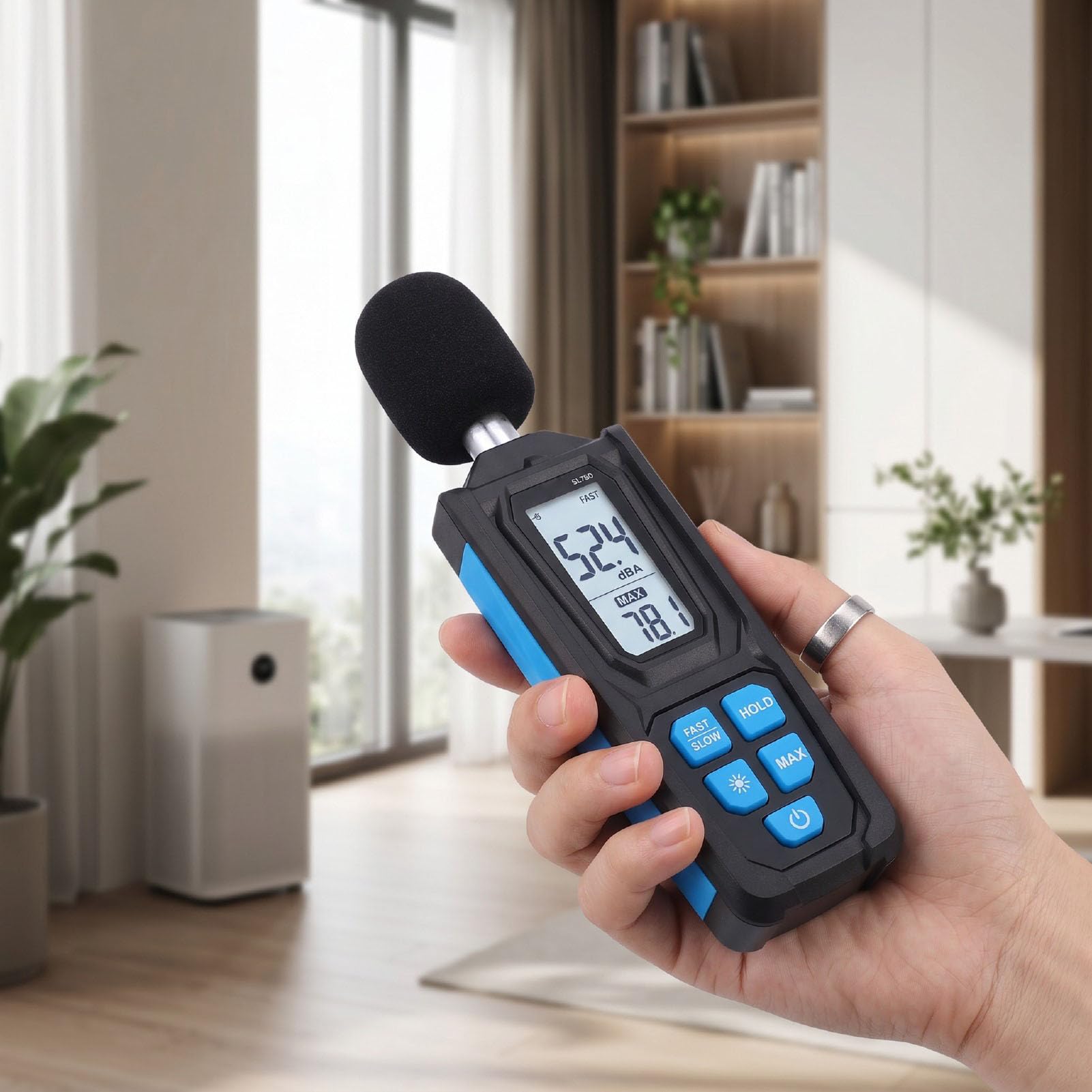 Eujgoov Medidor de Ruido HS-33 30‑130dB con Ponderación de A/C Rápida/lenta | Sonómetro portátil, precisión de 1,5 dB, retención de datos, reinicio del valor máximo, LCD de 4 dígitos, apagado automático