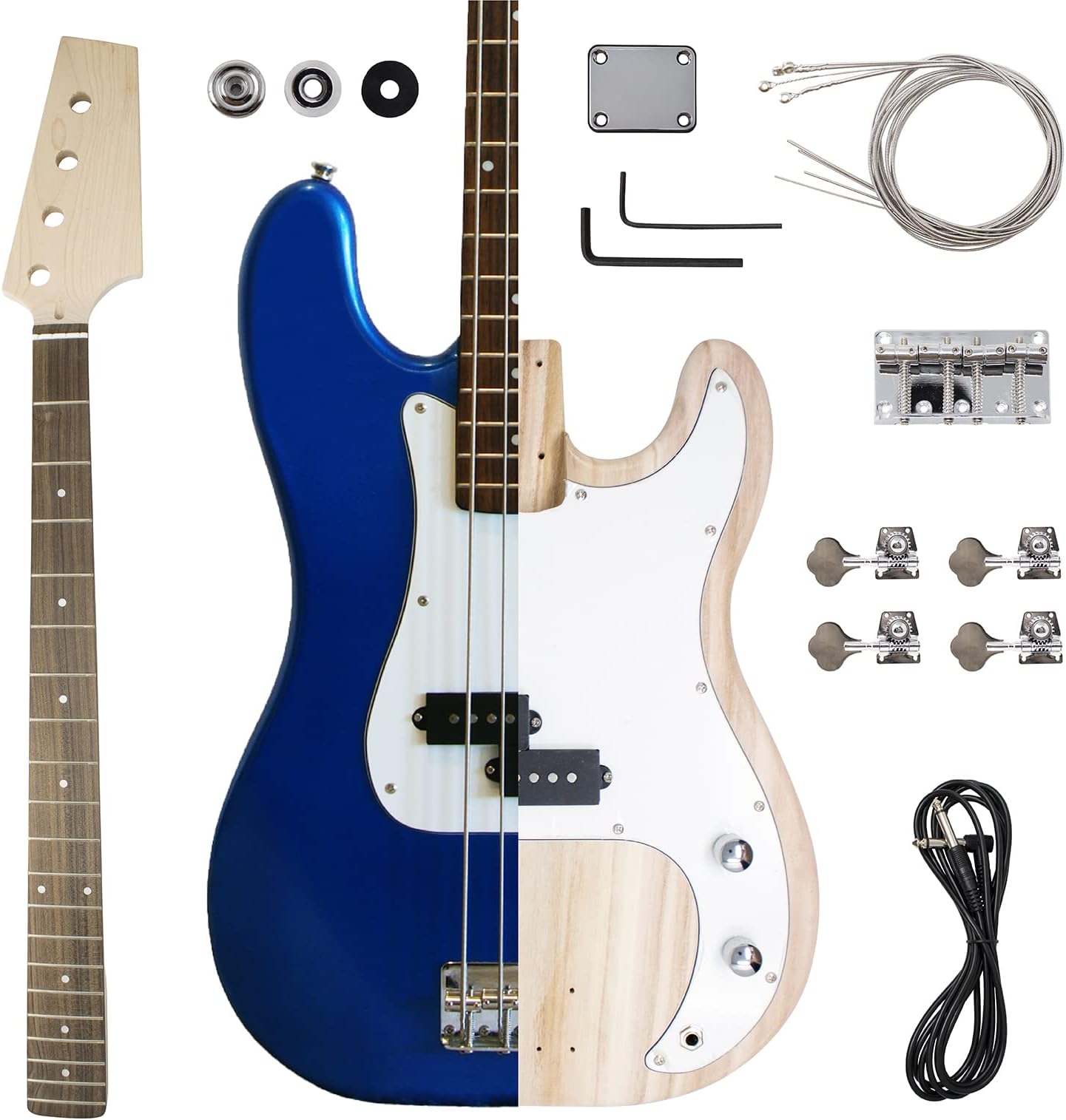 DIY Bass Guitar Kit - Build Your Own Electric Bass With Phoenix Tree Wood Body, Pickguard, Electronics, Maple Guitar Neck & Rosewood Fretboard - DIY Guitar Kit Bass Guitar Neck & Guitar Body