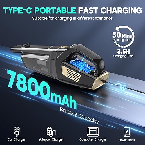 Miniatura 4 de Aspiradora de Mano Inalámbrica, 15000PA Succión Fuerte Aspiradora de Mano para Carro Portátil con Múltiples Boquillas y Filtro Lavable, Ligera Negro