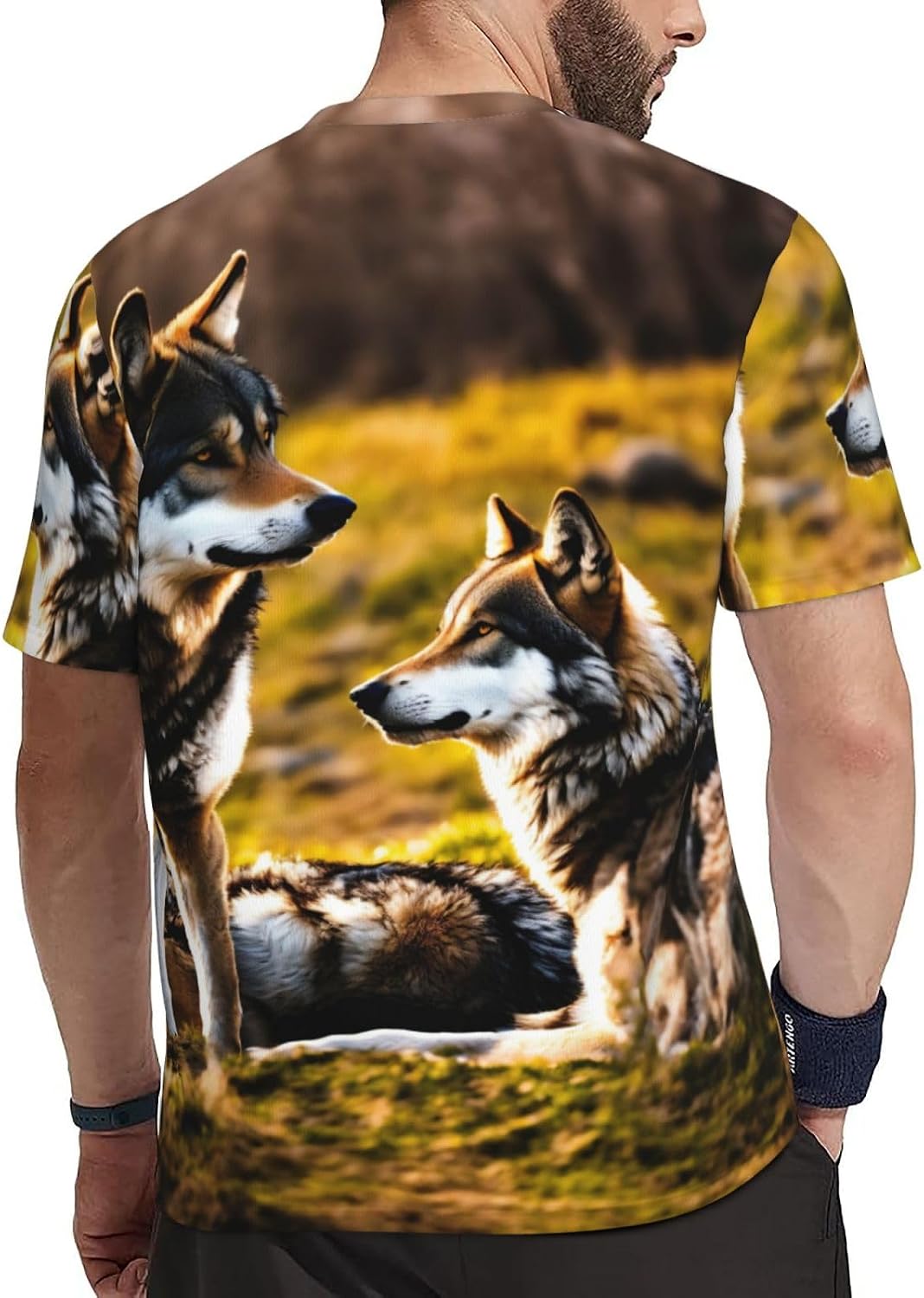 Wolfs Print Mens Short Sleeve Mesh T-Shirt Breathable Athletic Gym Running Casual Sports Wear