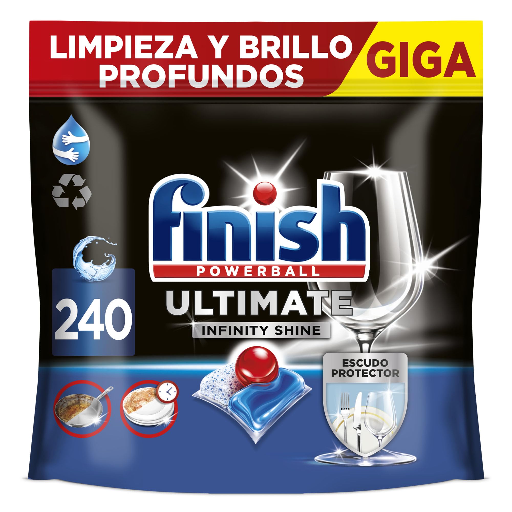 Finish Powerball Ultimate Infinity Shine, Pastillas para Lavavajillas Contra Manchas Resecas y Escudo Protector, Pack de 240 (3 x 80)