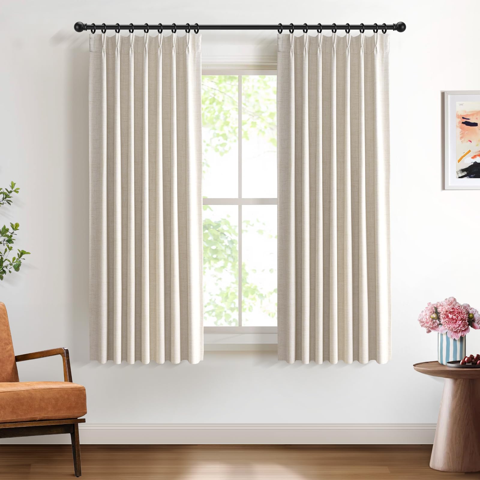 DEFYNEE Pinch Pleated Curtain, Blackout Curtains for Bedroom Linen-Look Thermal Insulated, with Back Tab & Hooks