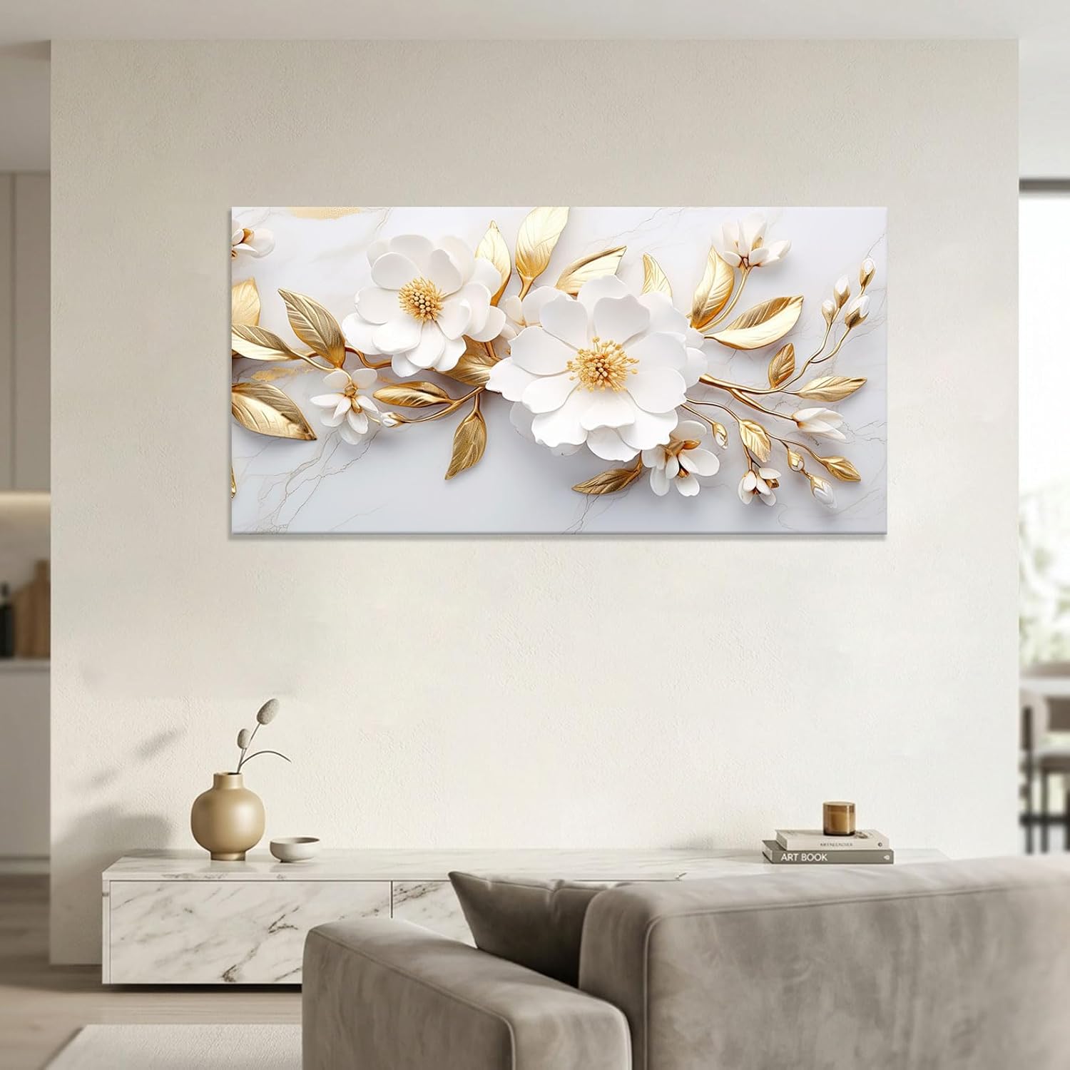 daktenn Large Canvas Wall Art for Living Room Bedroom Office White and Gold Flower Artwork Large Botanical Floral Wall Art Modern Canvas Prints 24x48 Inches