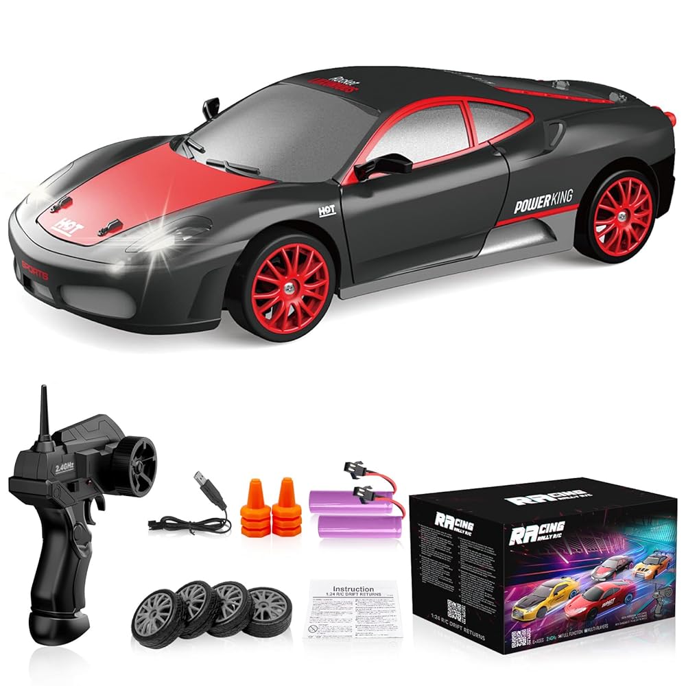 Remote Control Car RC Drift Car 2.4GHz 1:24 Scale 4WD 15KM/H High Speed Model Vehicle with LED Lights Drifting Tire Racing Sport Toy Car for Adults Boys Girls Kids Gift 2Pcs Rechargeable Batteries