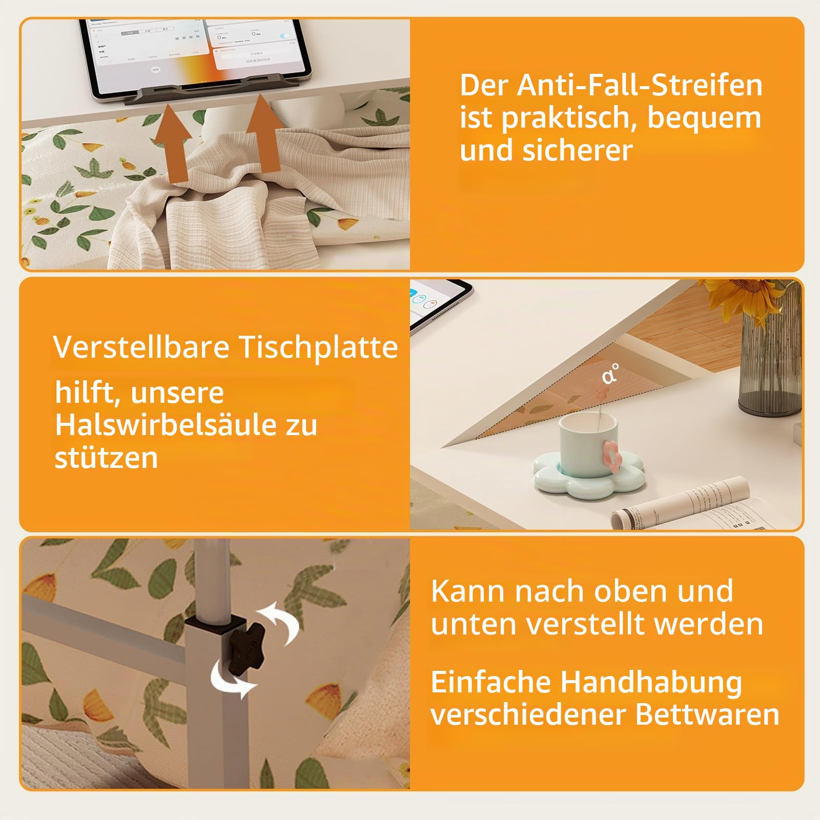 Überbetttisch Mit Rollen, Betttisch Verstellbarer Höhe Länge Mobiler Schreibtisch Über-Betttisch Beistelltische Fürs Wohnzimmer Drehbarer Laptopständer Für Bett Sofa Büro 120 * 40CM Weiß