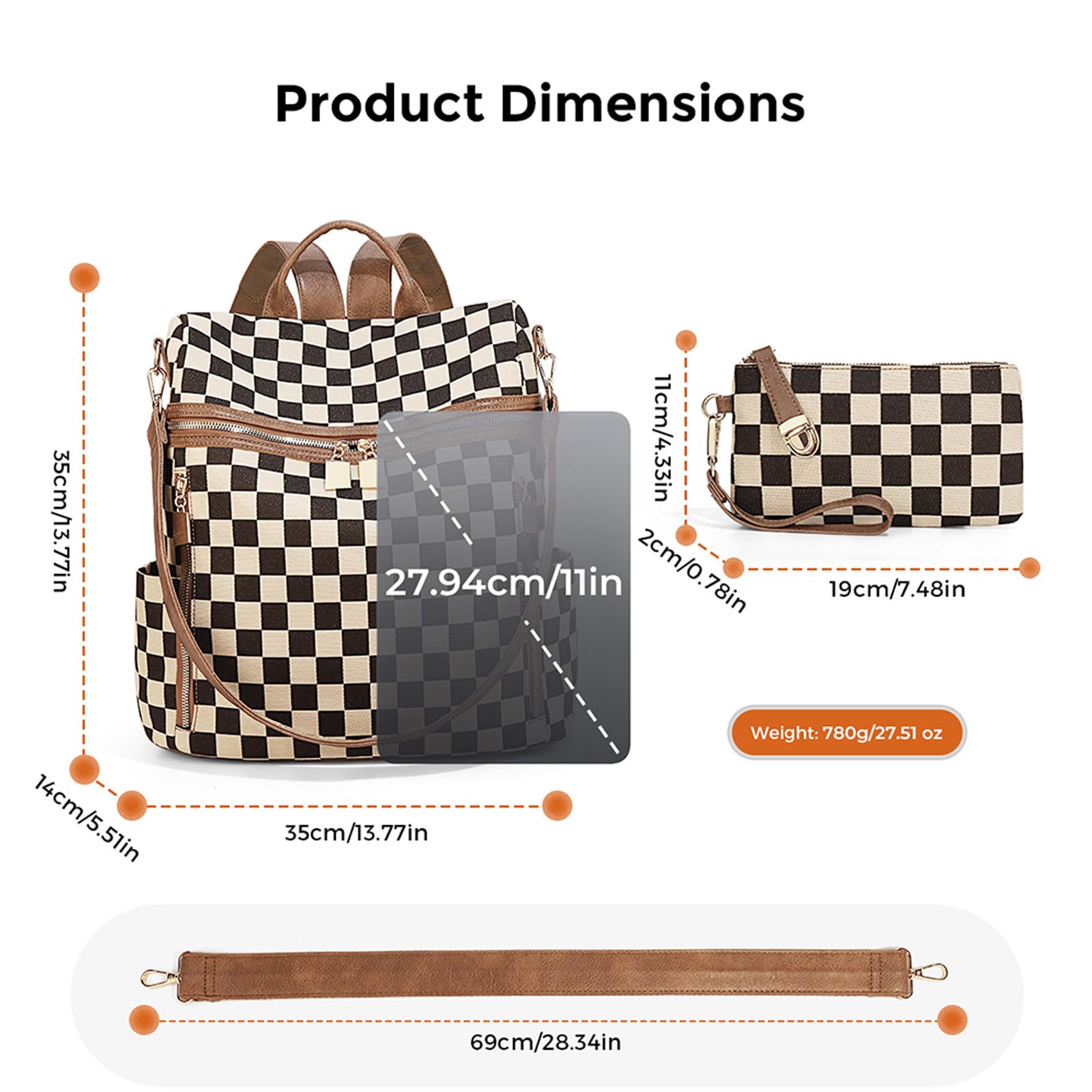 Zaino a quadri da donna piccolo zaino con tasche multiple grande borsa tracolla regolabile da viaggio lavoro