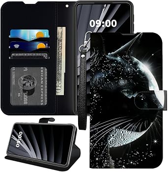 Black Cat Moon Wallet Case for Orbic Joy RC608L, PU Leather with TPU Inner Phone Cover Flip Magnetic Buckle Kickstand Cover with Credit Card Slot Wrist Strap
