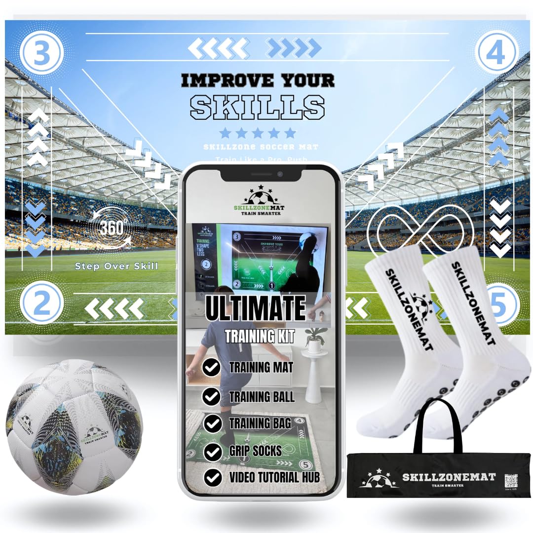 SkillZone Soccer Training Mat with Soccer Ball – Dribbling &amp; Footwork Trainer | Indoor/Outdoor Soccer Training Kit with Interactive Video Hub, Grip Socks &amp; Carry Bag | Control &amp; Agility Practice