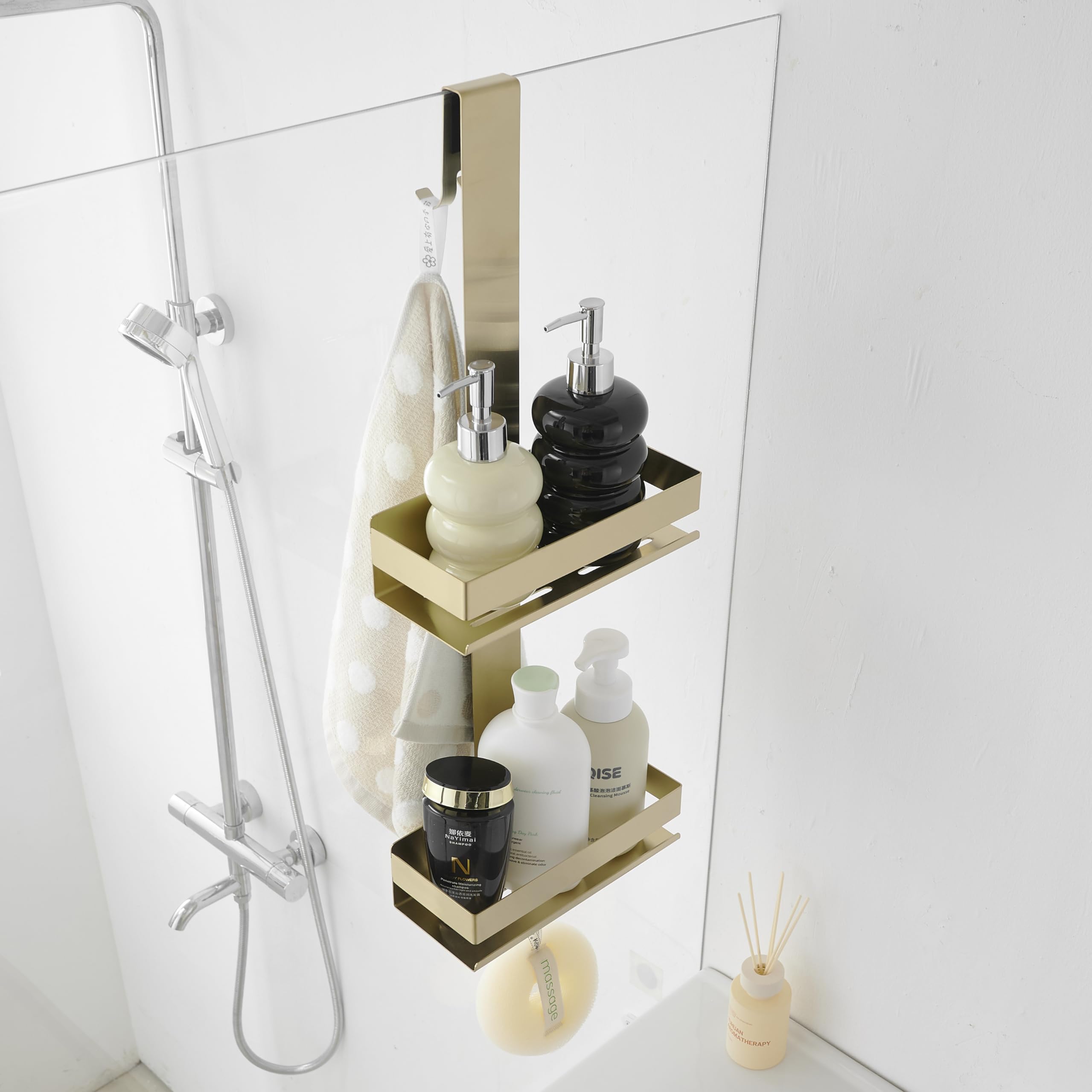 Beelee Gold Shower Caddy Hanging: Over Door Shower Organizer Bathroom Storage with 2-Tier Rack and Hooks, Holds Body Wash - Image 2