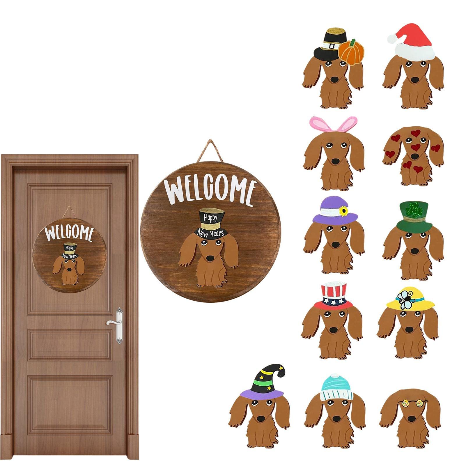 Jimtuze Interchangeable Welcome Sign,Dachshund Dog Welcome Sign with 12 Changeable Icons - Dachshund Decor for Farmhouse Front Porch, Dog Lover Gift