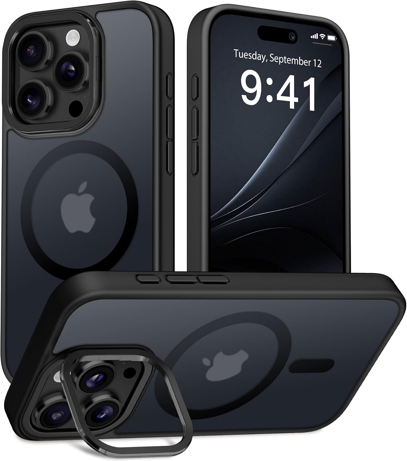 GolbinBox for iPhone 14 Pro Max Case, Compatible with Magsafe, Built-in Invisible Stand, Military-Grade Protection, Anti-Scratch Translucent Matte Hard Back Shockproof Protective Phone Case, Black