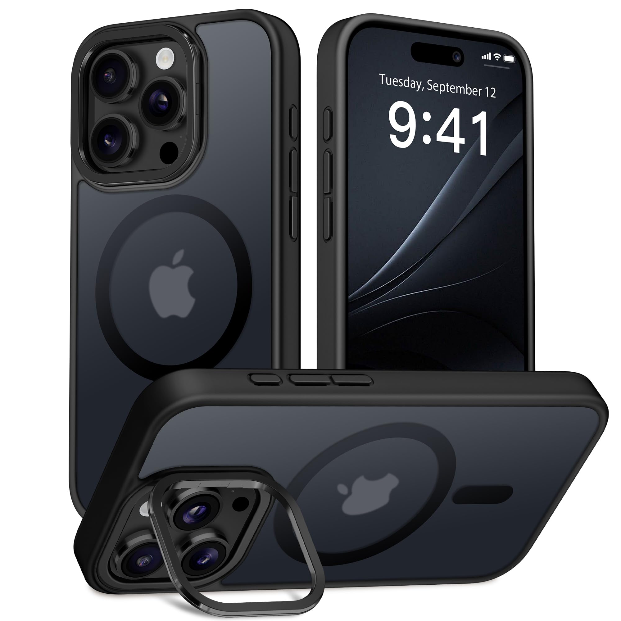 GolbinBox for iPhone 15 Pro Case, Compatible with Magsafe, Built-in Invisible Stand, Military-Grade Protection, Anti-Scratch Translucent Matte Hard Back Shockproof Protective Phone Case, Black